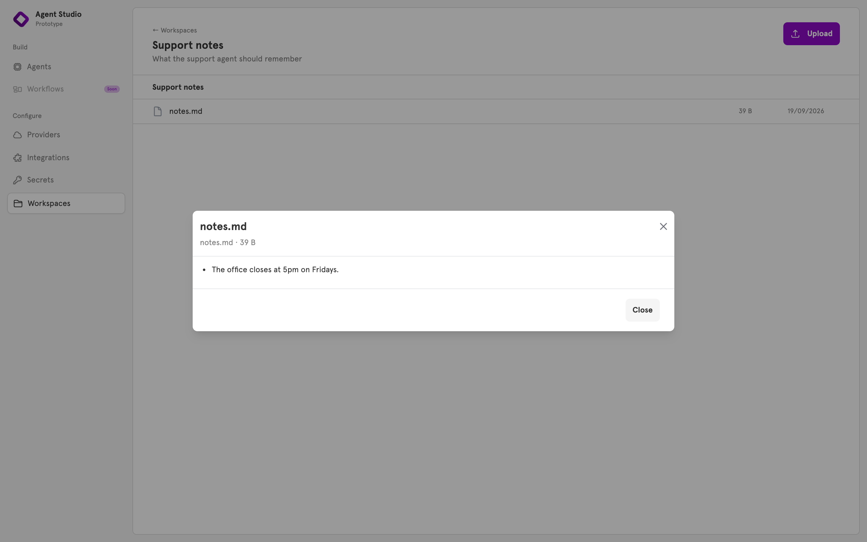 The workspace page with notes.md open in the file viewer