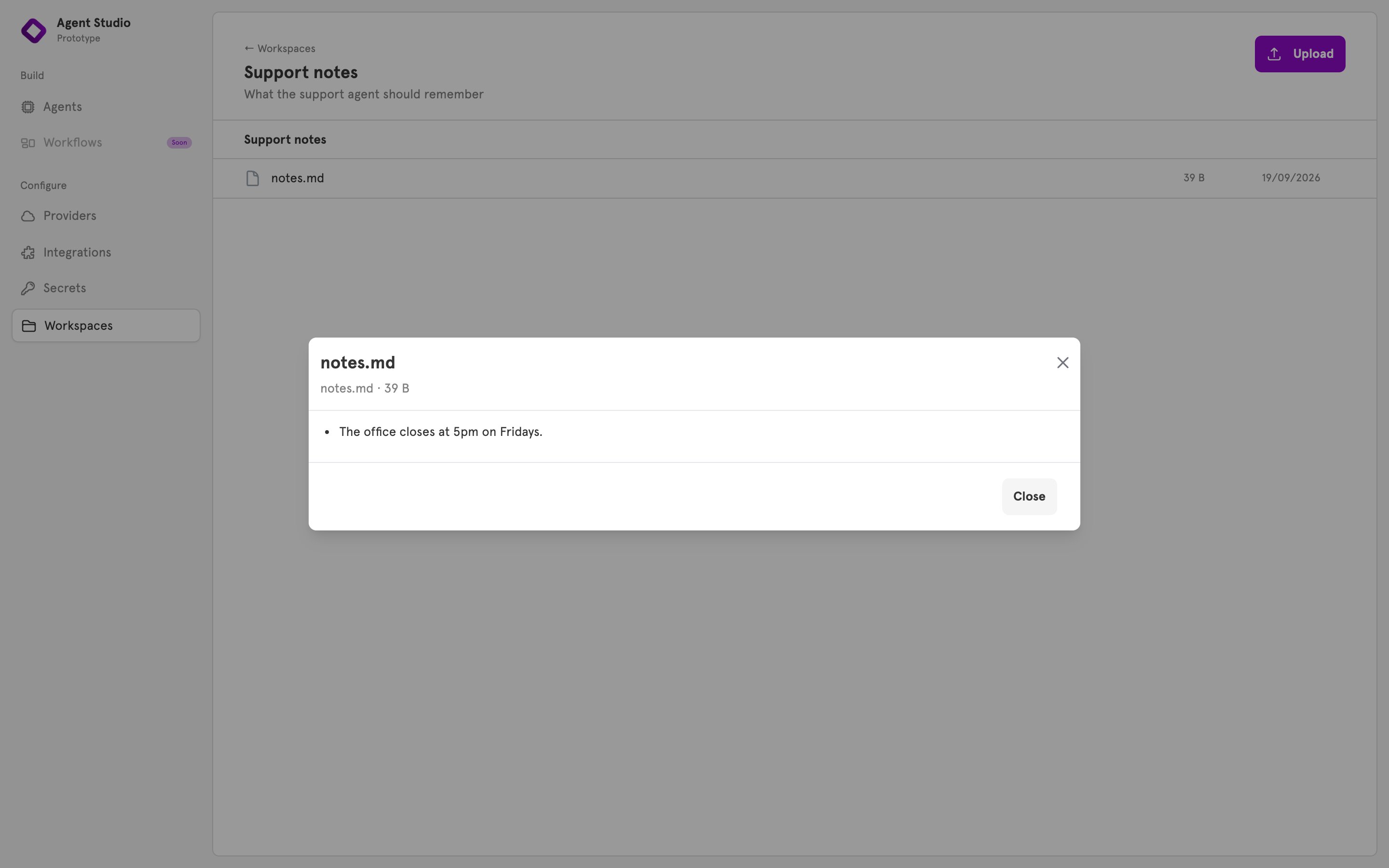 The workspace page with notes.md open in the file viewer