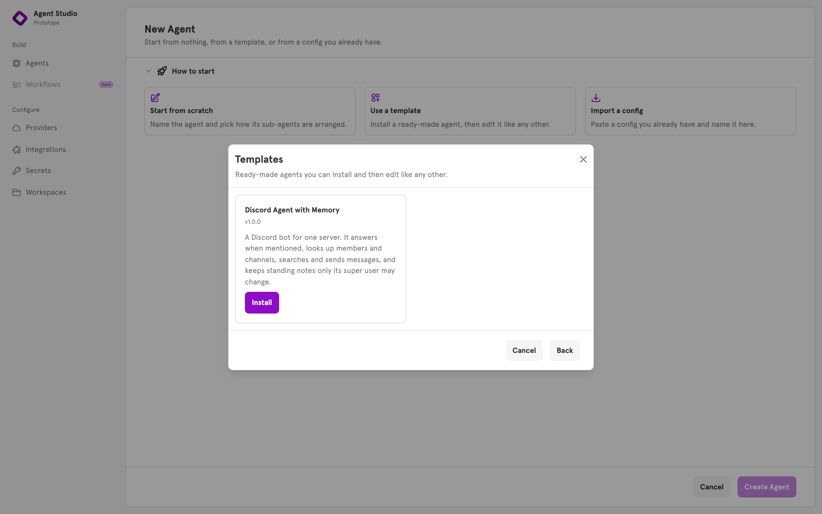 The New Agent page with Use a template chosen and the Discord Agent with Memory card