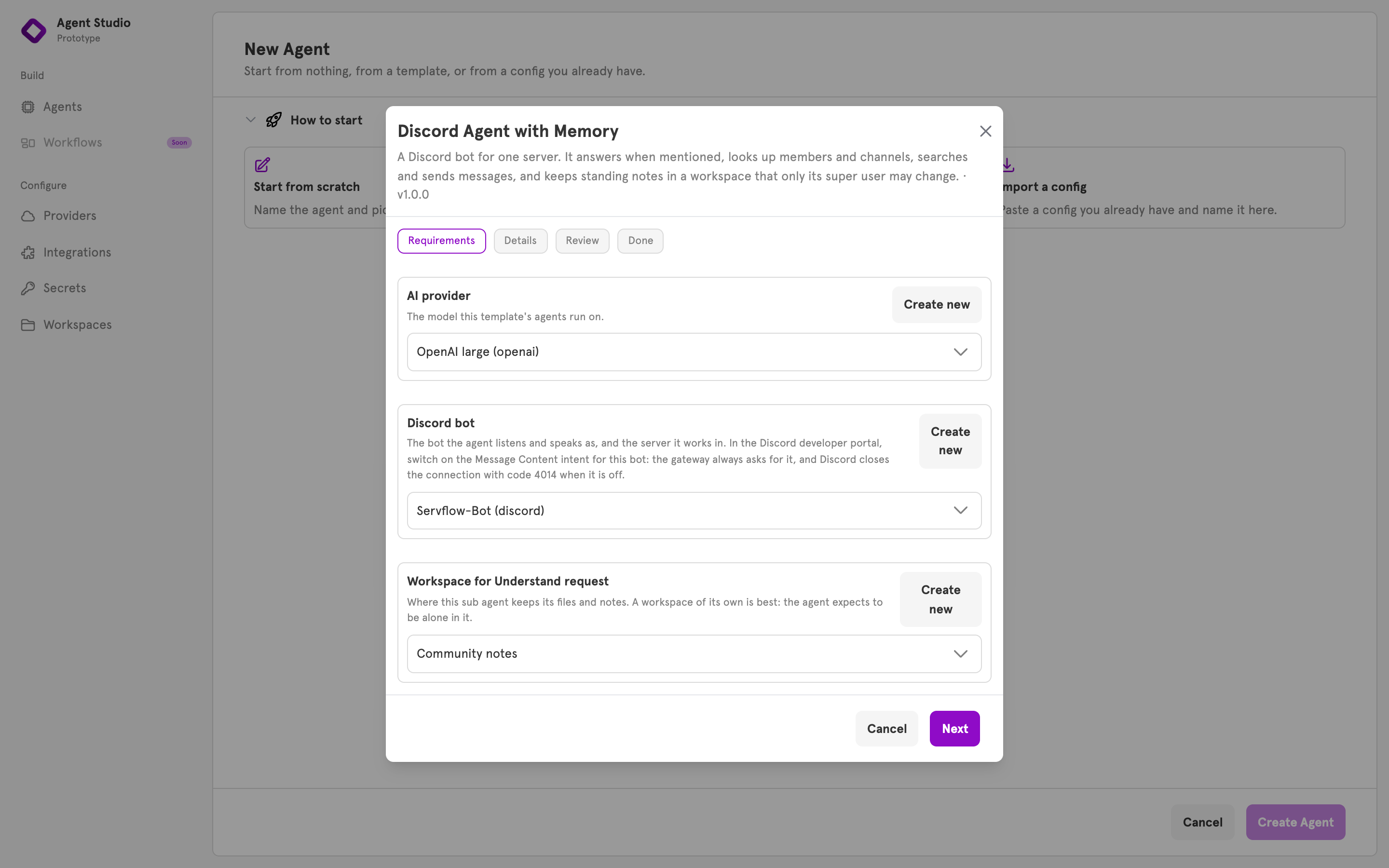 The Requirements step with a provider, a Discord bot, and a workspace chosen