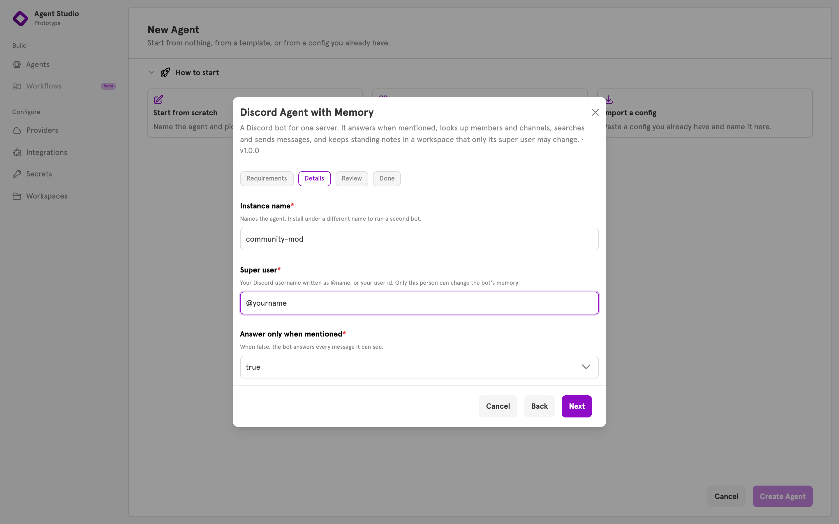 The Details step with an instance name and a super user entered