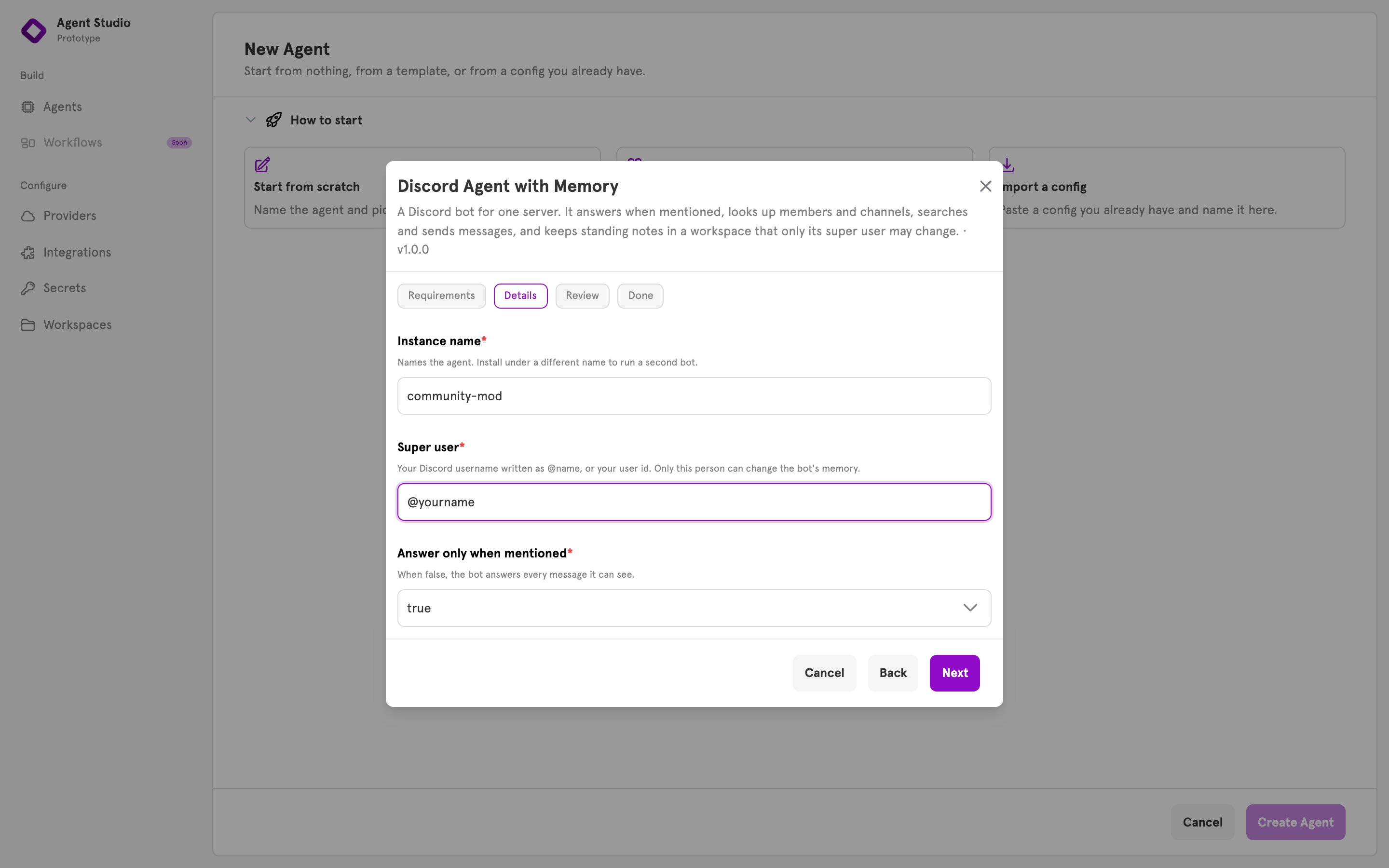 The Details step with an instance name and a super user entered