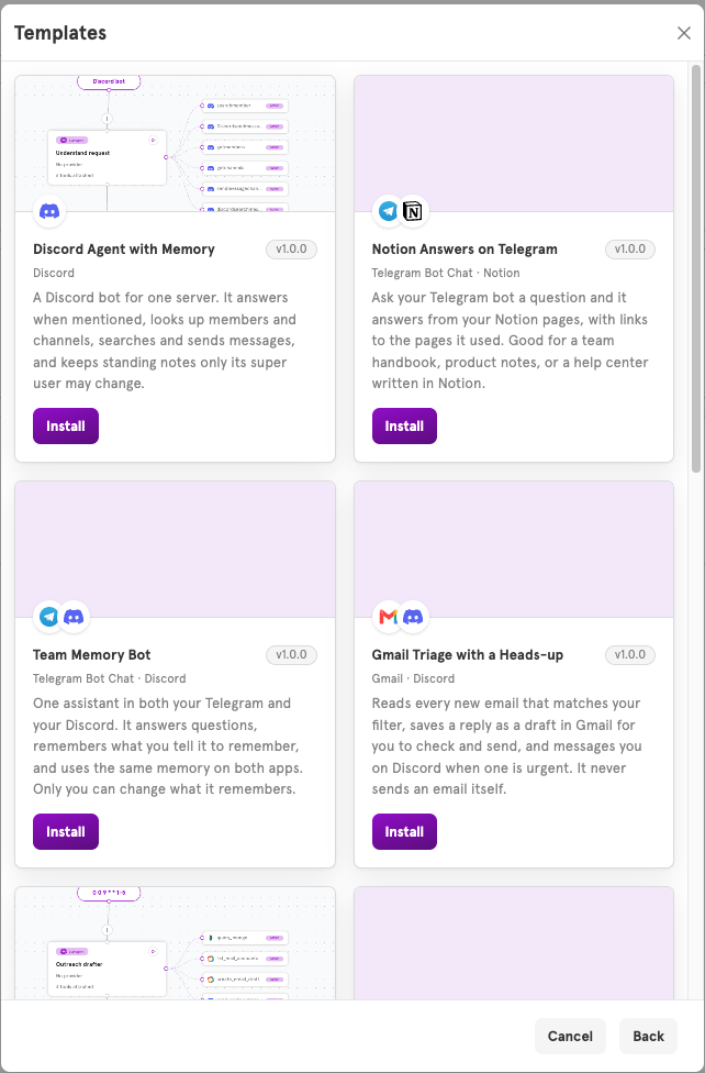 The Templates gallery, a grid of ready-made agents, each with the apps it uses and an Install button