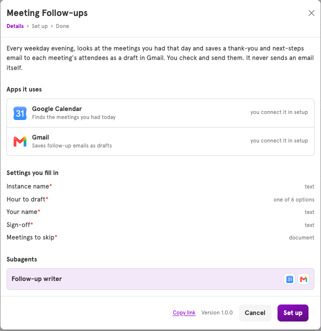 The Details page for Meeting Follow-ups, listing Google Calendar and Gmail under Apps it uses
