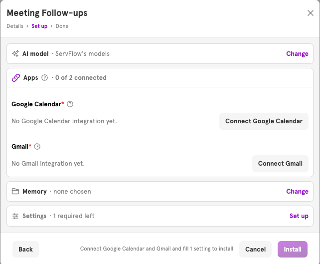 The Set up page with AI model, Apps, Memory, and Settings groups, and Connect buttons for Google Calendar and Gmail