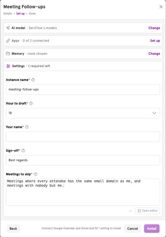 The Settings group open, with Instance name, Hour to draft, Your name, Sign-off, and Meetings to skip
