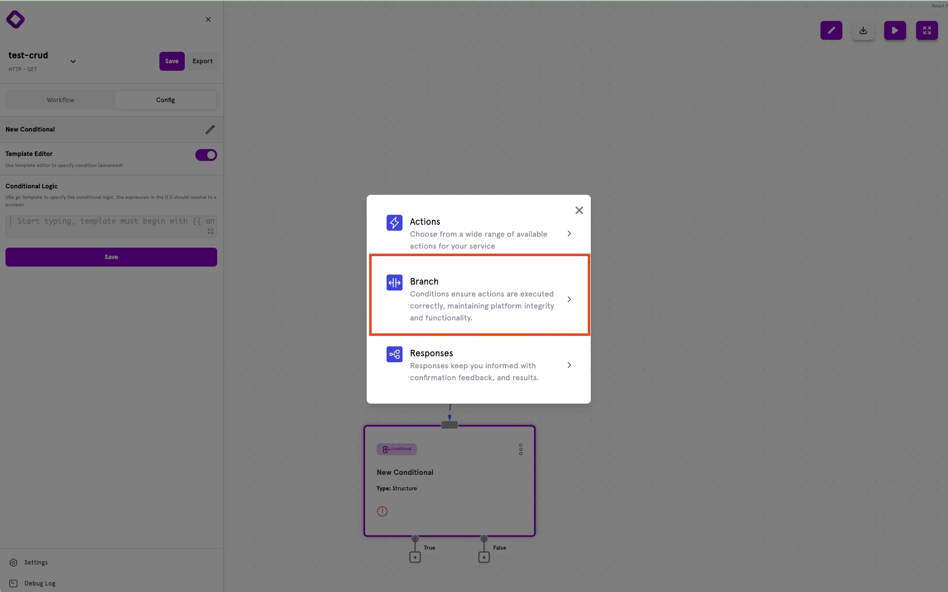 Node type selection showing Branch option for adding conditionals