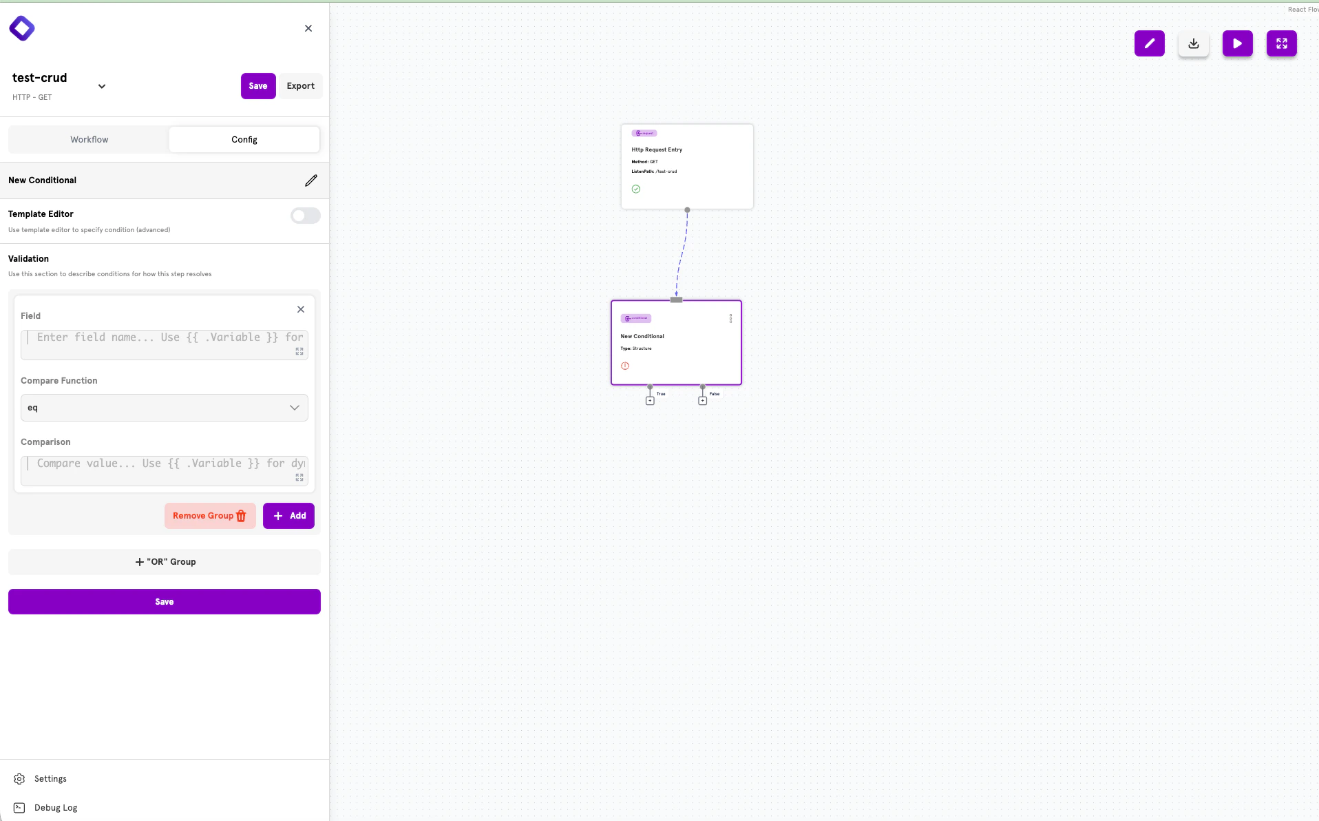 Structured conditional configuration with field, compare function, and comparison value