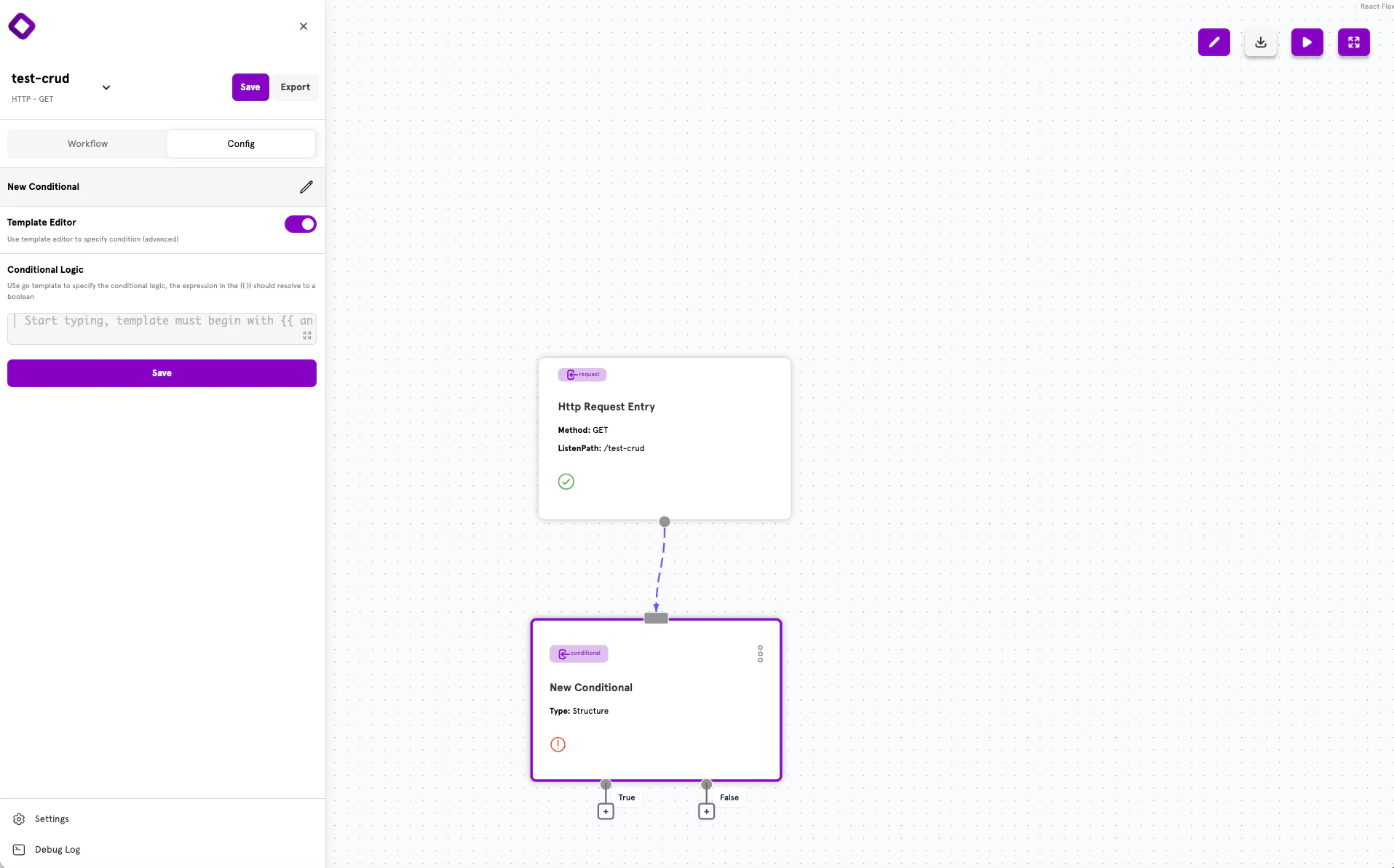 Template editor mode for writing custom conditional expressions