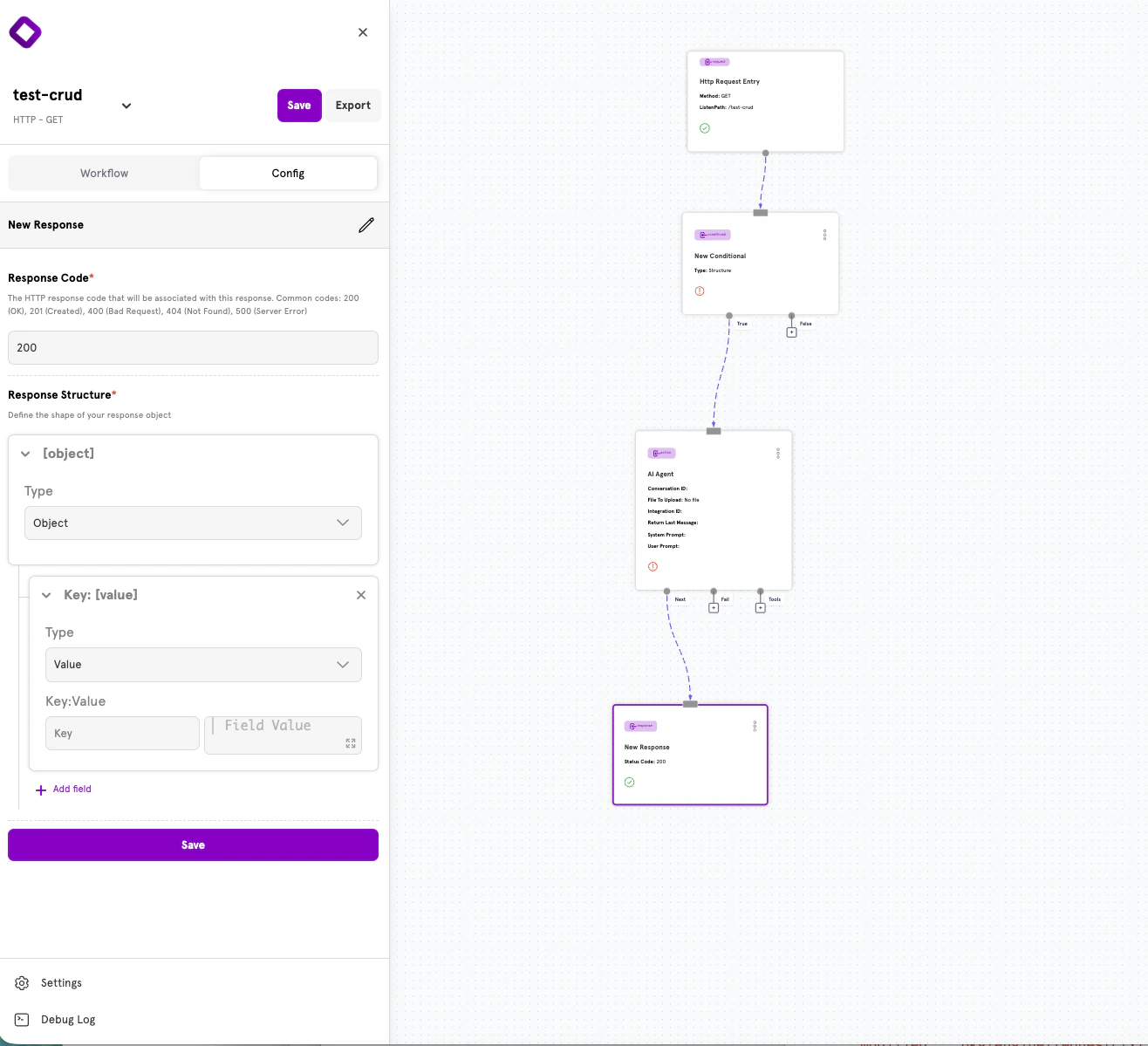 Response Structure configuration panel showing root object type