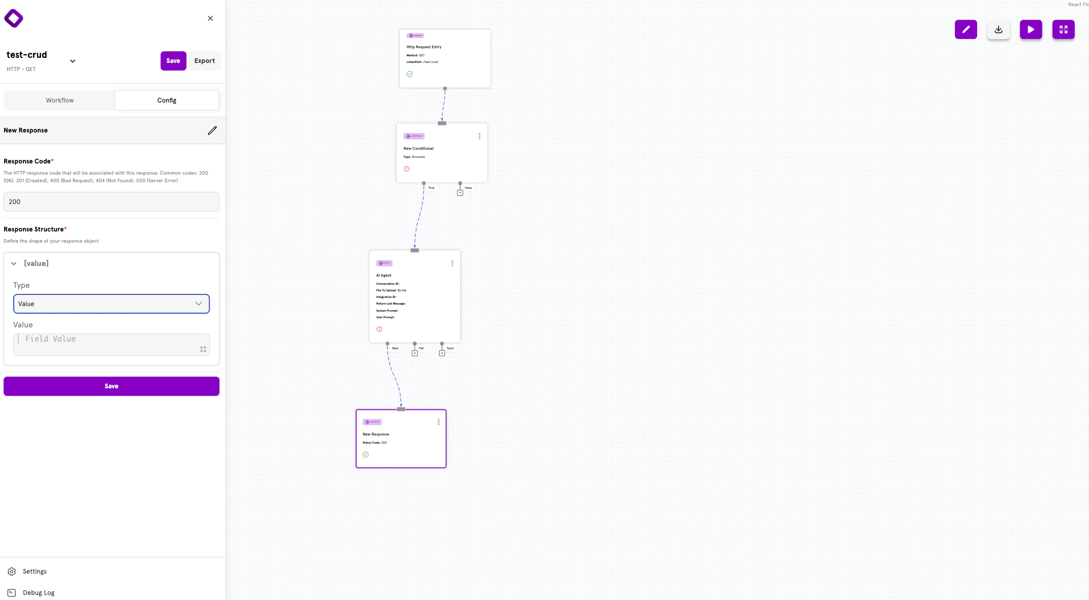 Response node in the workflow canvas showing status code configuration