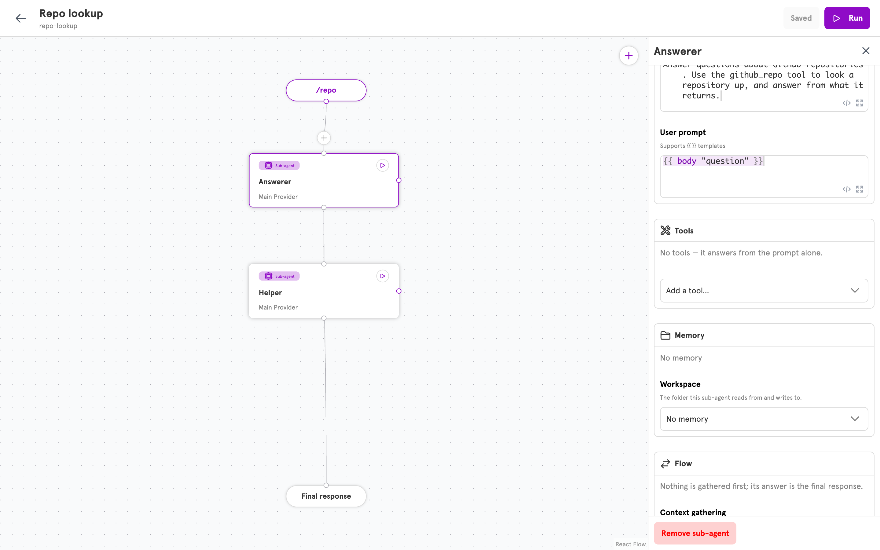 A sub-agent panel with an empty Tools section and the Add a tool select