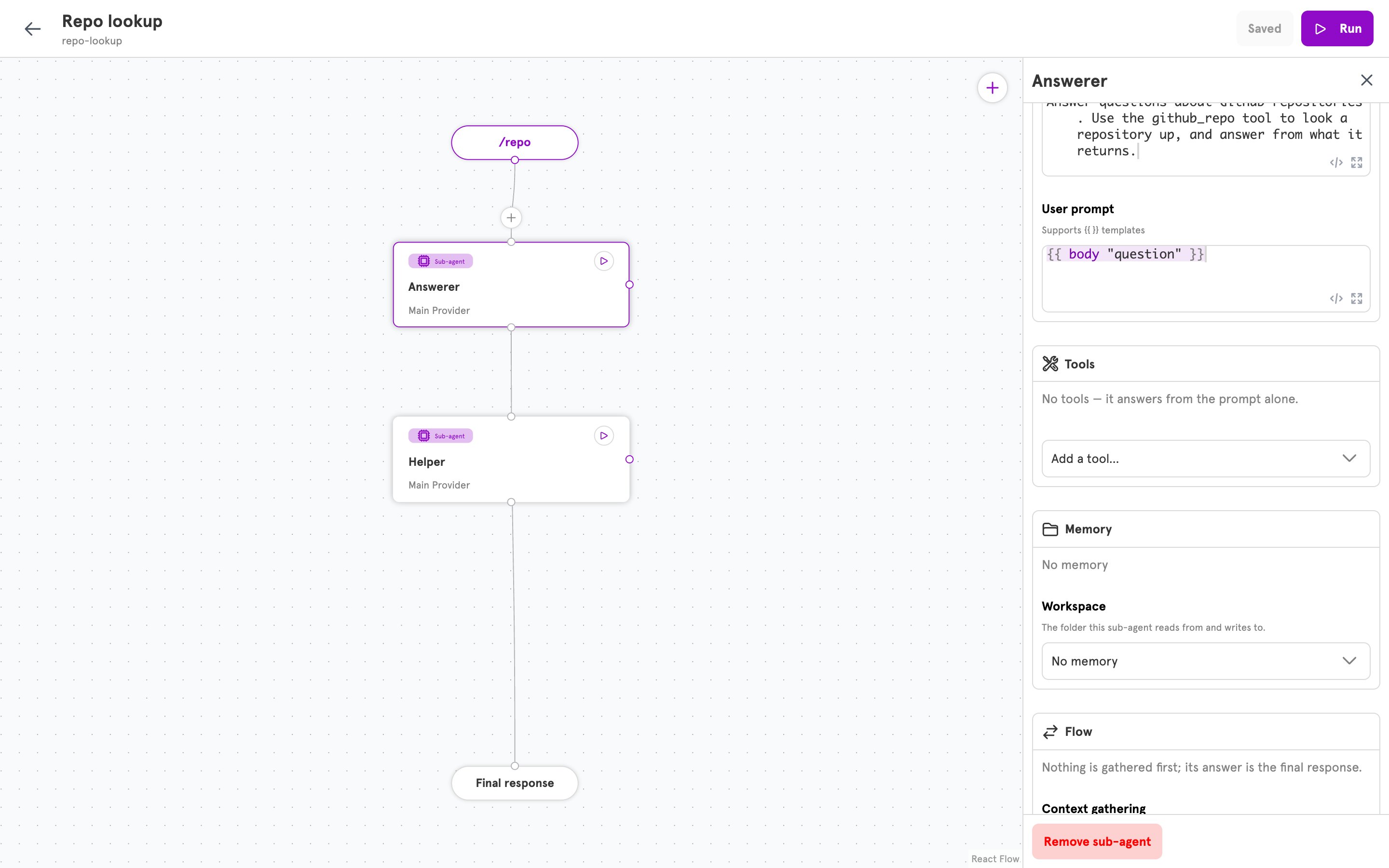 A sub-agent panel with an empty Tools section and the Add a tool select