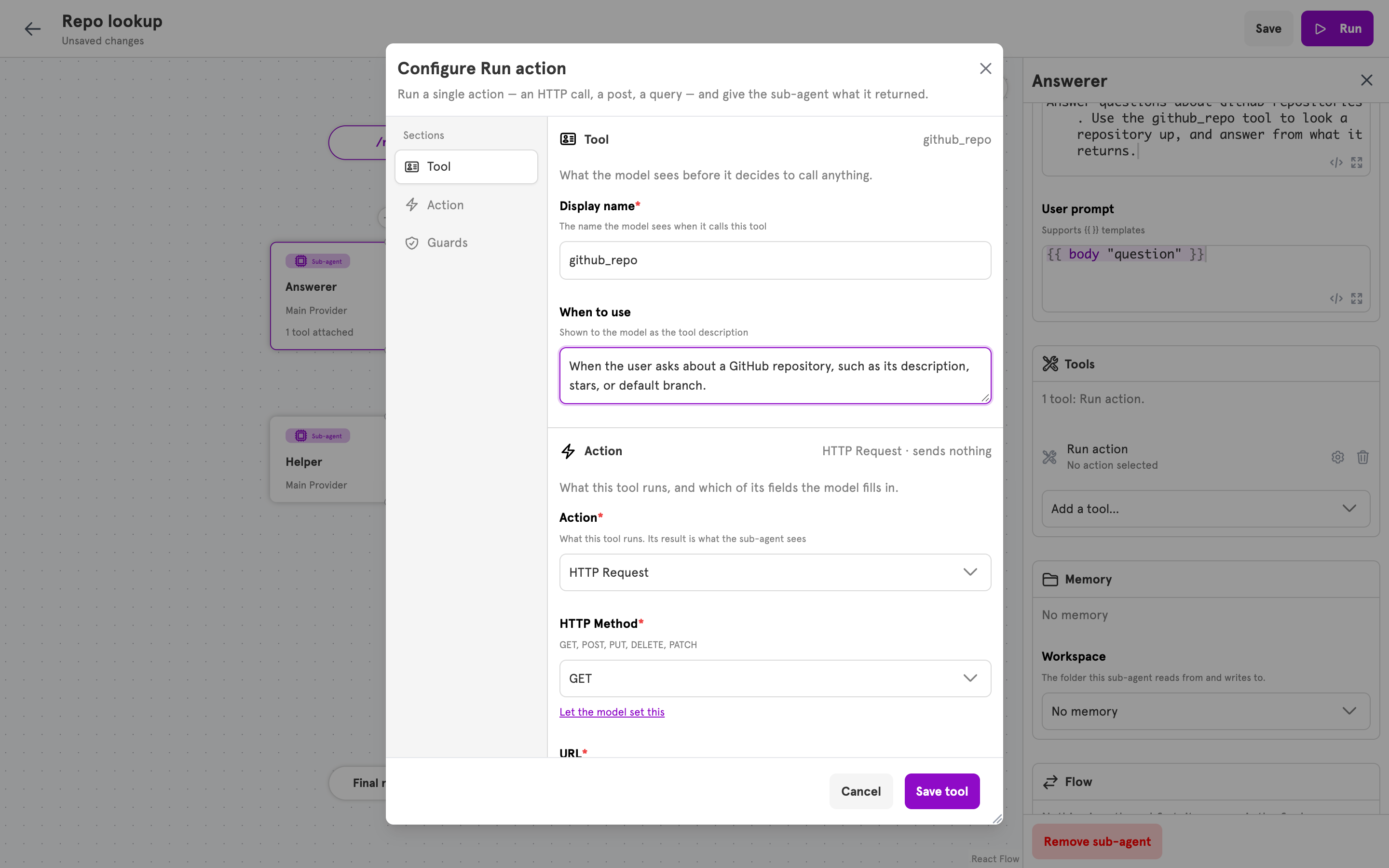 The tool dialog for an action tool, with the Tool, Action, and Guards sections listed on its left edge