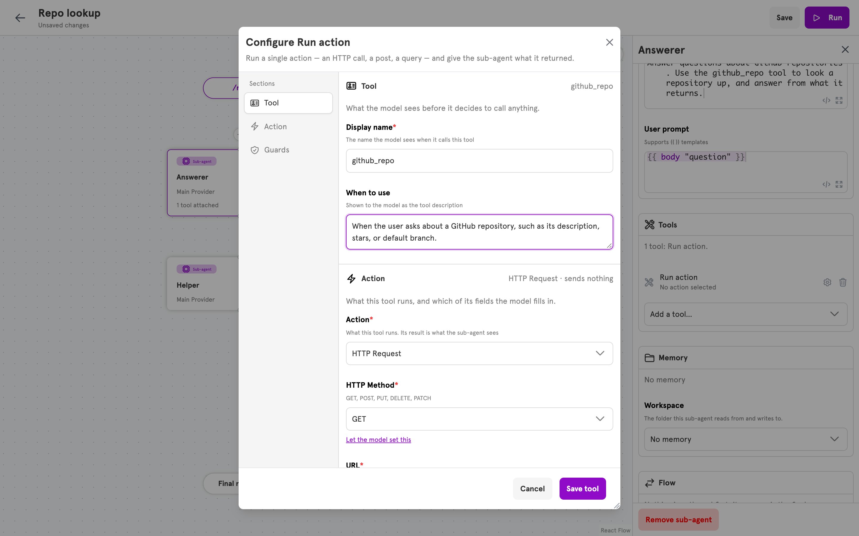 The tool dialog for an action tool, with the Tool, Action, and Guards sections listed on its left edge