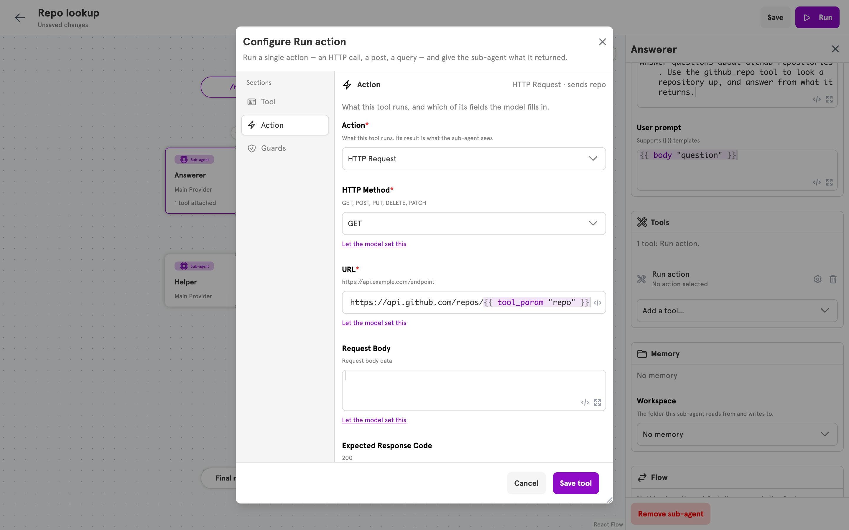The Action section with HTTP Request chosen and a URL that contains a tool_param call