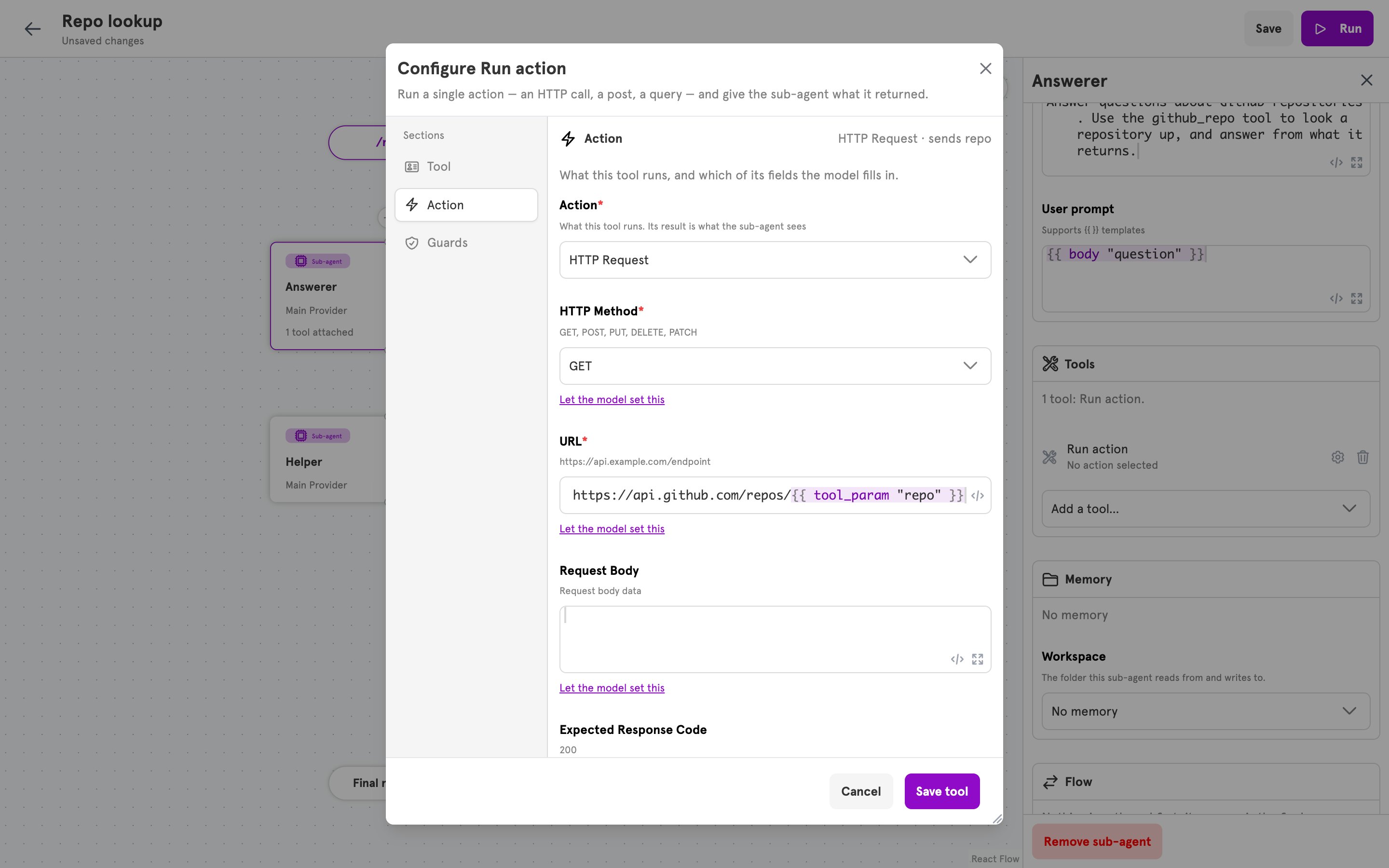 The Action section with HTTP Request chosen and a URL that contains a tool_param call