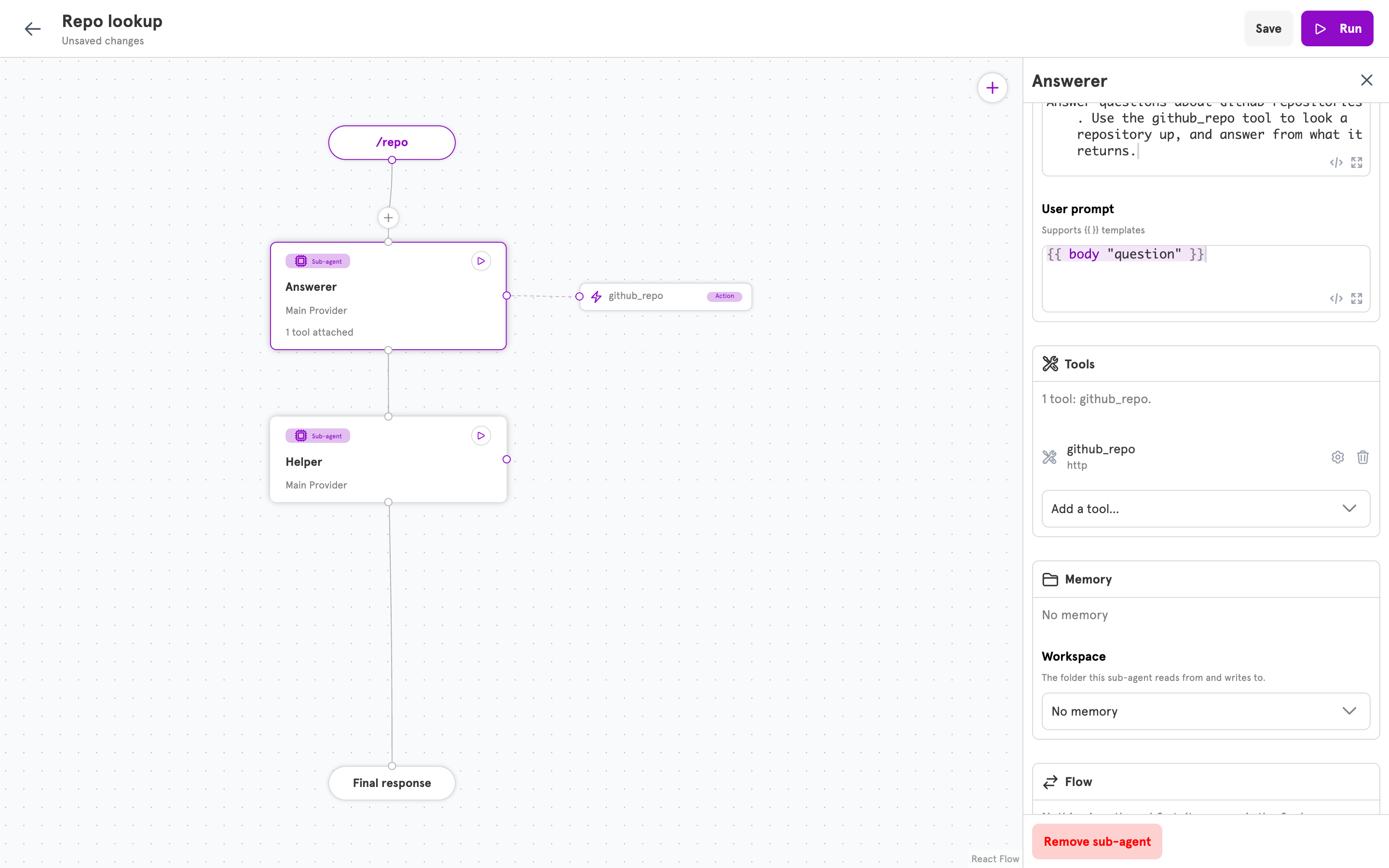 The Tools section listing github_repo, and the tool shown on the canvas next to the sub-agent