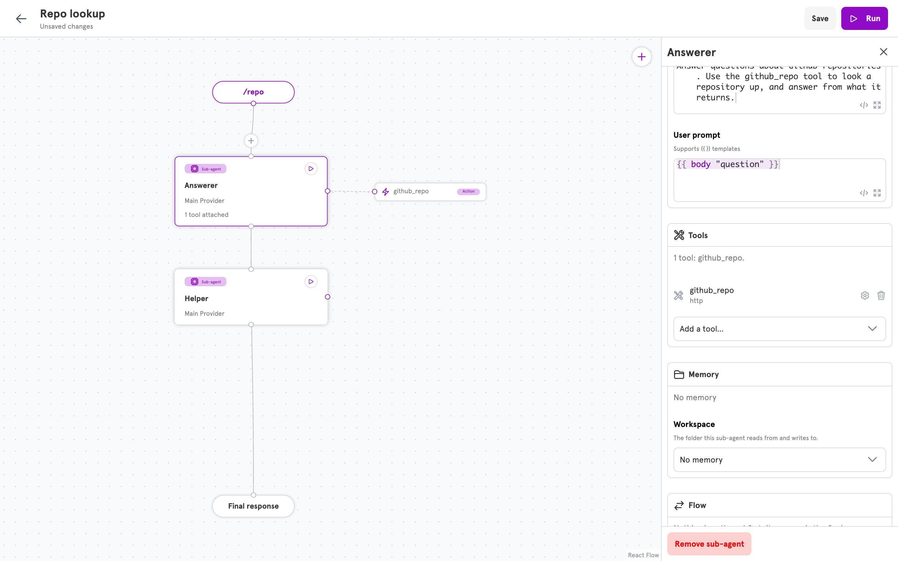 The Tools section listing github_repo, and the tool shown on the canvas next to the sub-agent