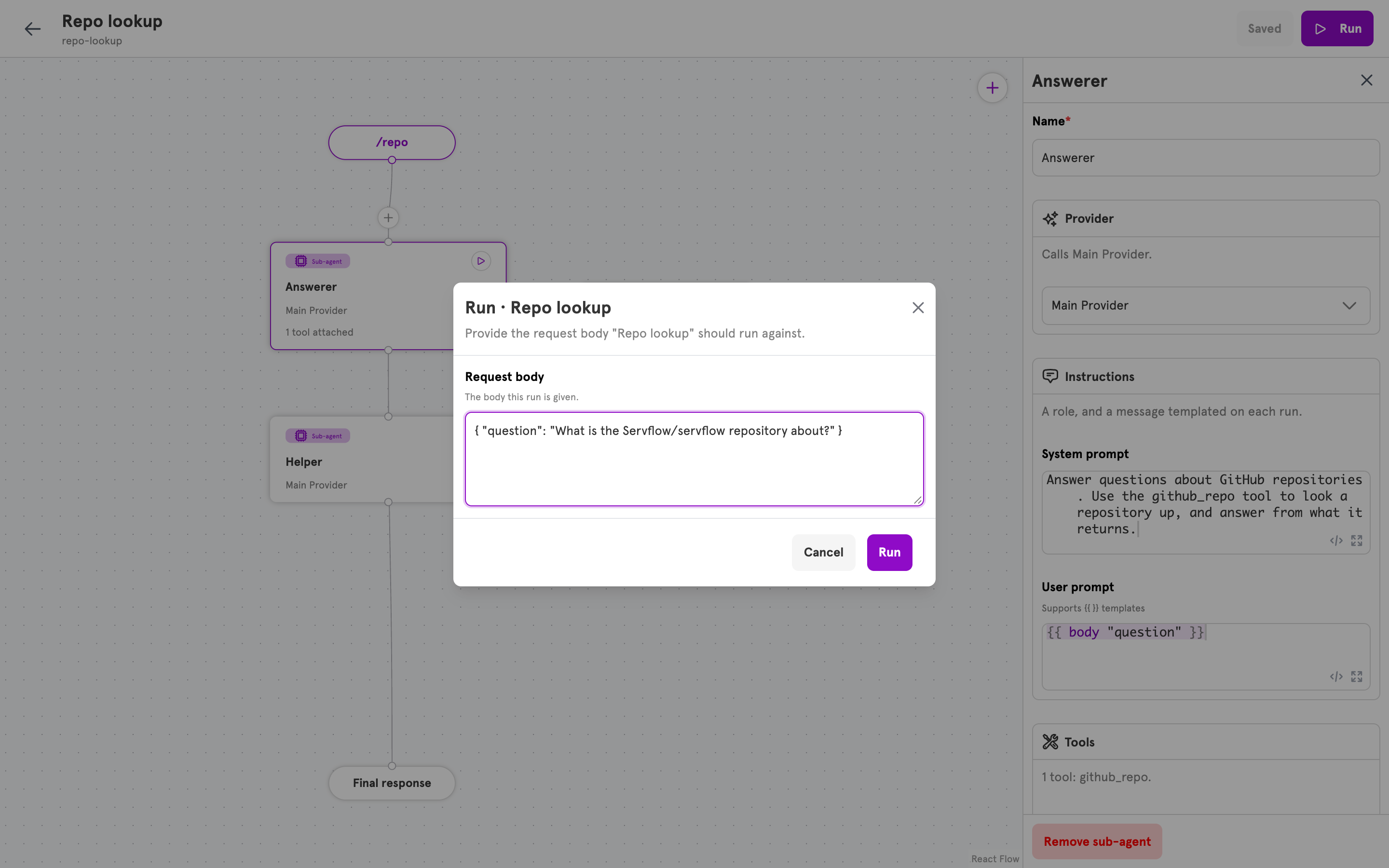 The Run dialog with a question about a GitHub repository as the request body