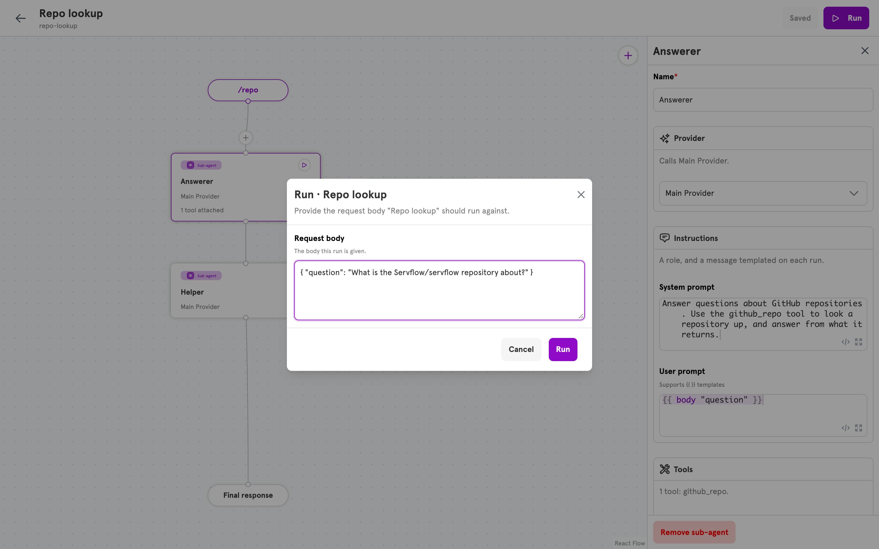 The Run dialog with a question about a GitHub repository as the request body