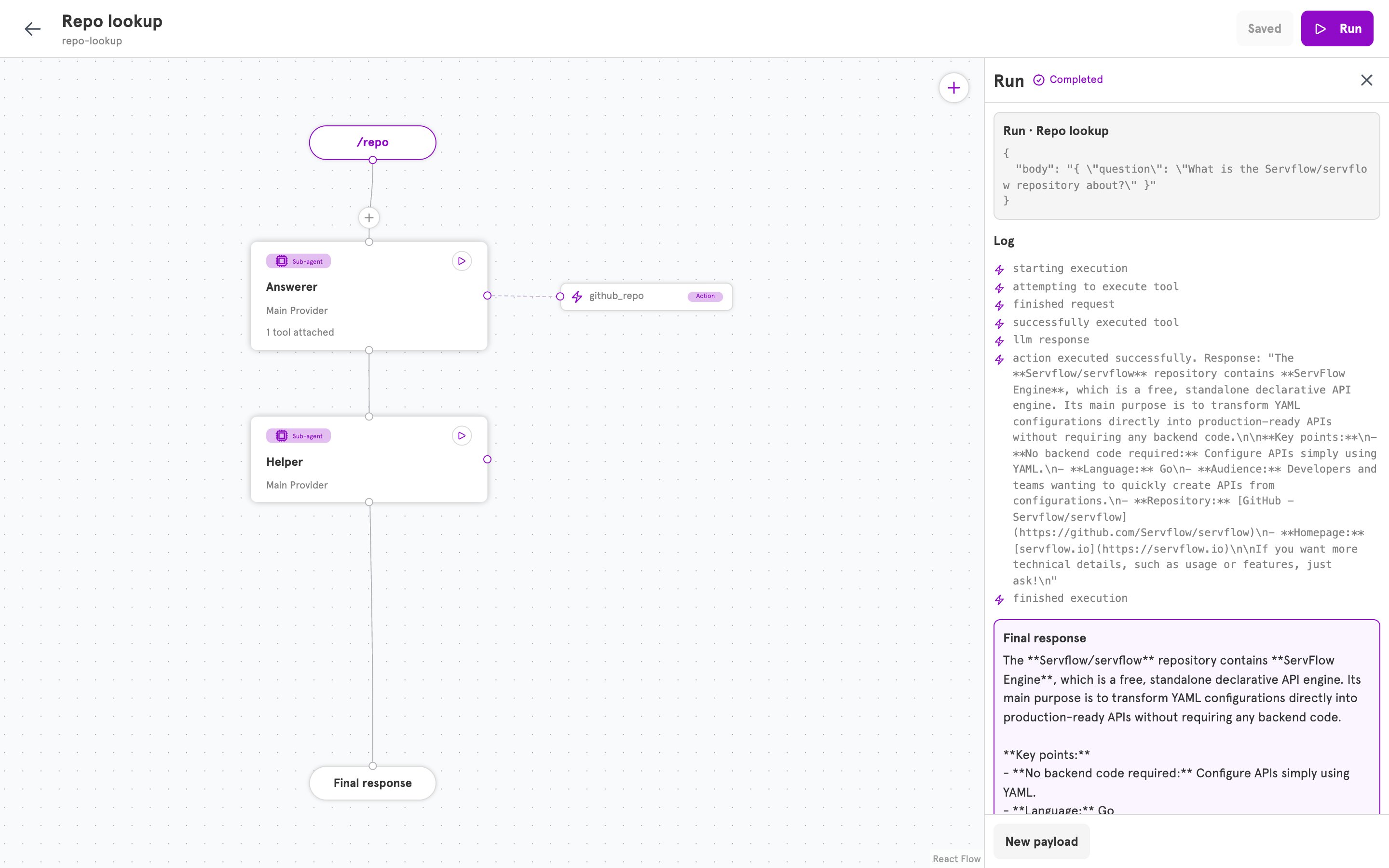 The Run panel with log lines for the tool call and a final response describing the repository