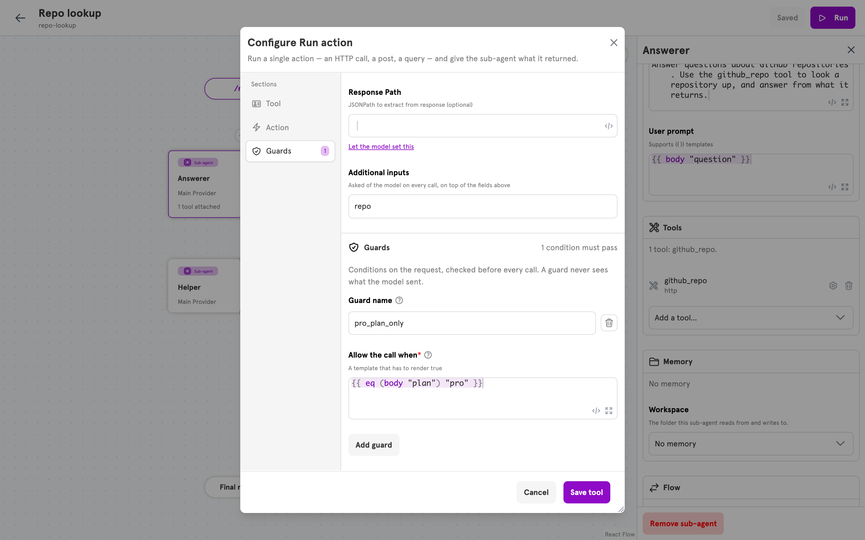 The Guards section of the tool dialog, with the Guard name and Allow the call when fields filled in