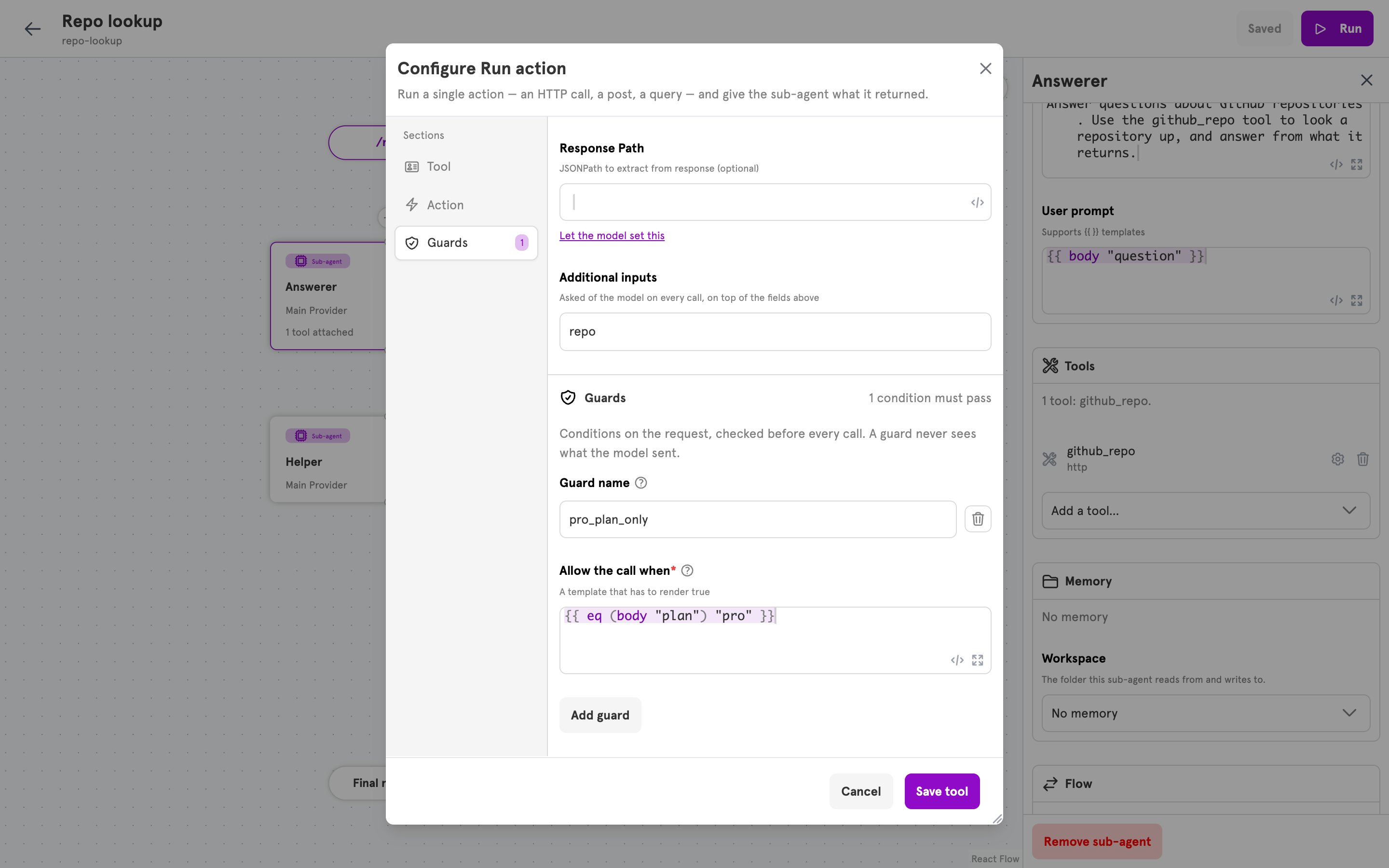 The Guards section of the tool dialog, with the Guard name and Allow the call when fields filled in