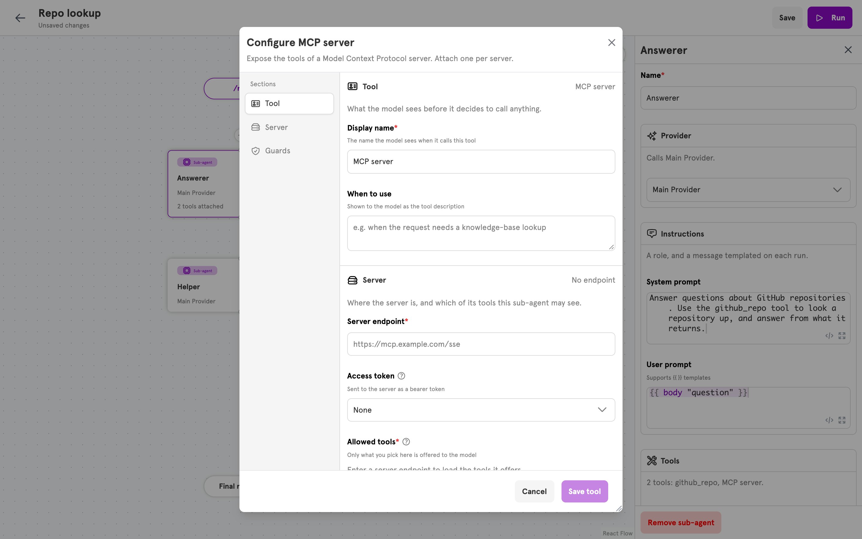 The Configure MCP server dialog with the Server endpoint, Access token, and Allowed tools fields