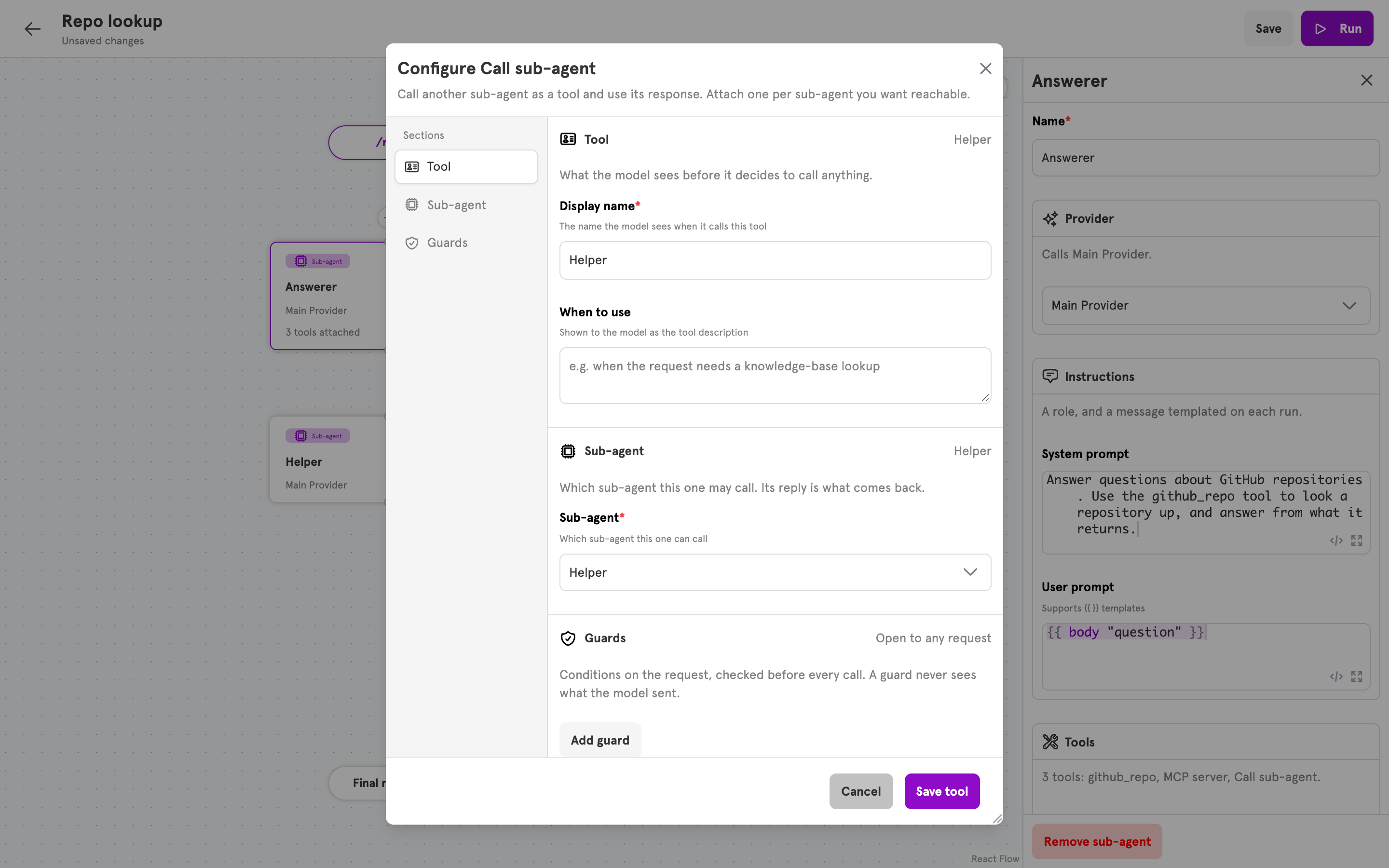 The Configure Call sub-agent dialog with a sub-agent chosen