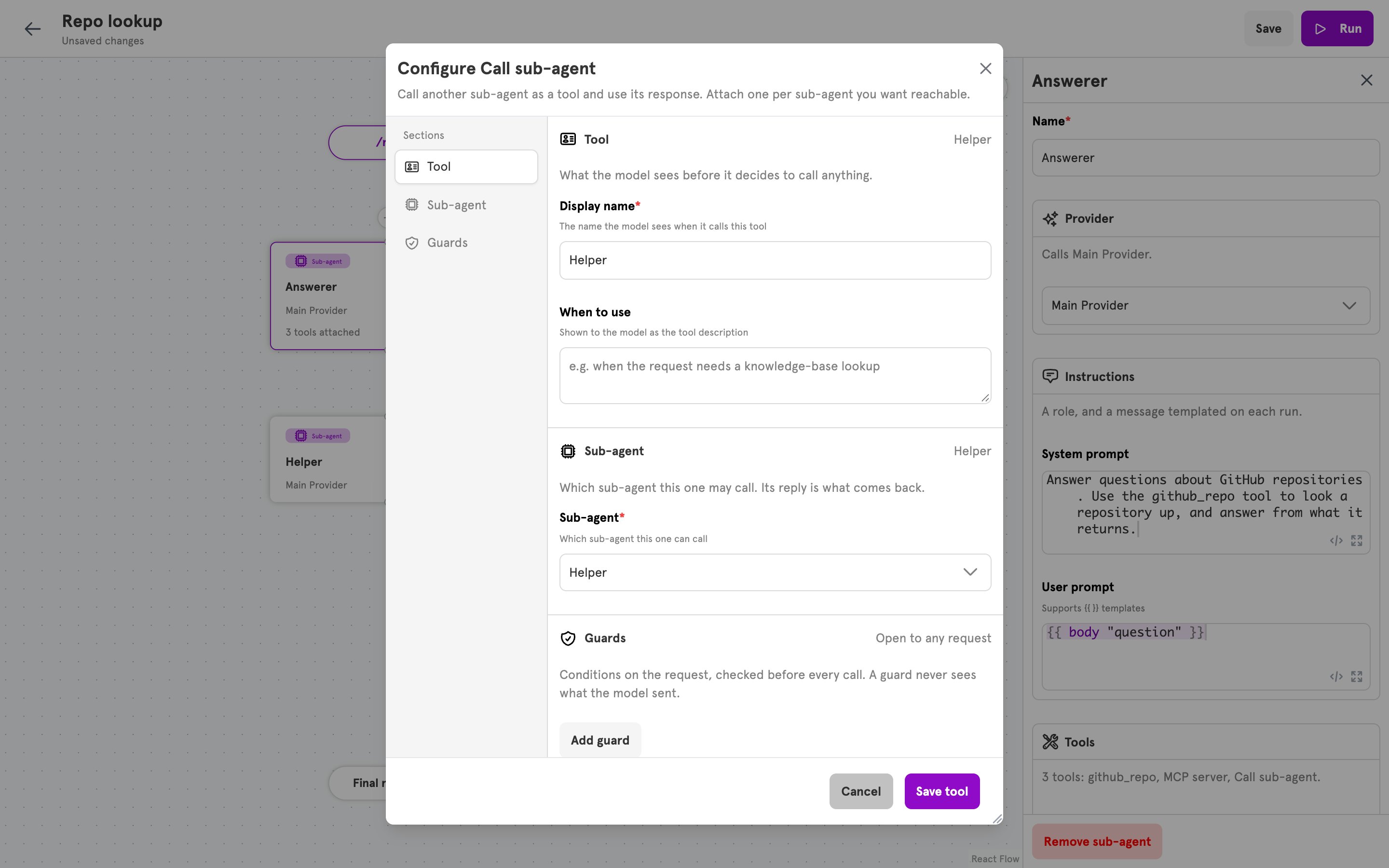 The Configure Call sub-agent dialog with a sub-agent chosen