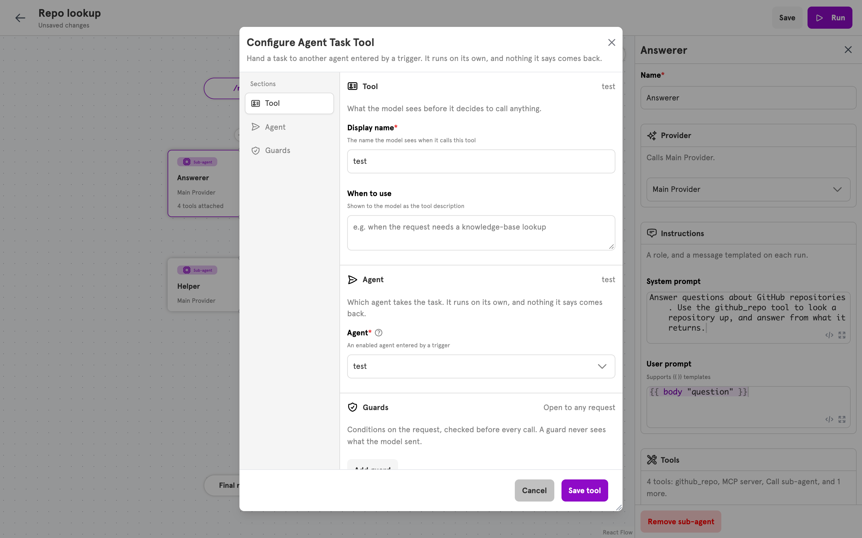 The Configure Agent Task Tool dialog with an agent chosen