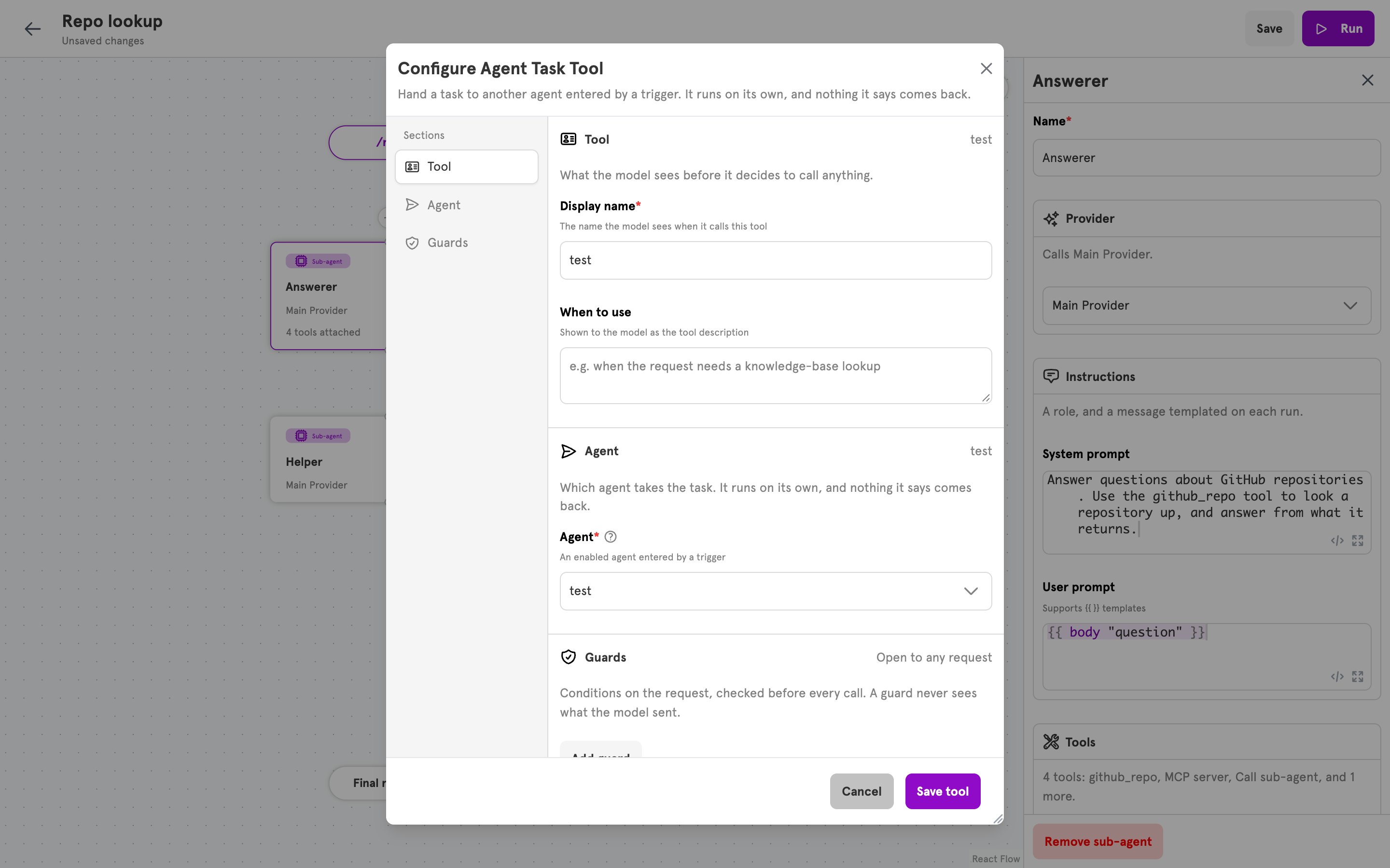The Configure Agent Task Tool dialog with an agent chosen