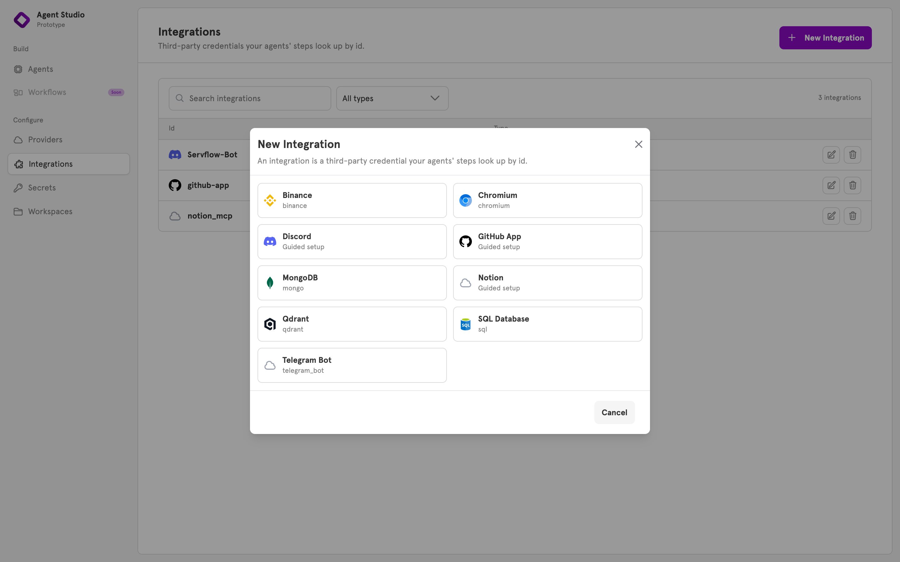 The New Integration dialog listing every integration type