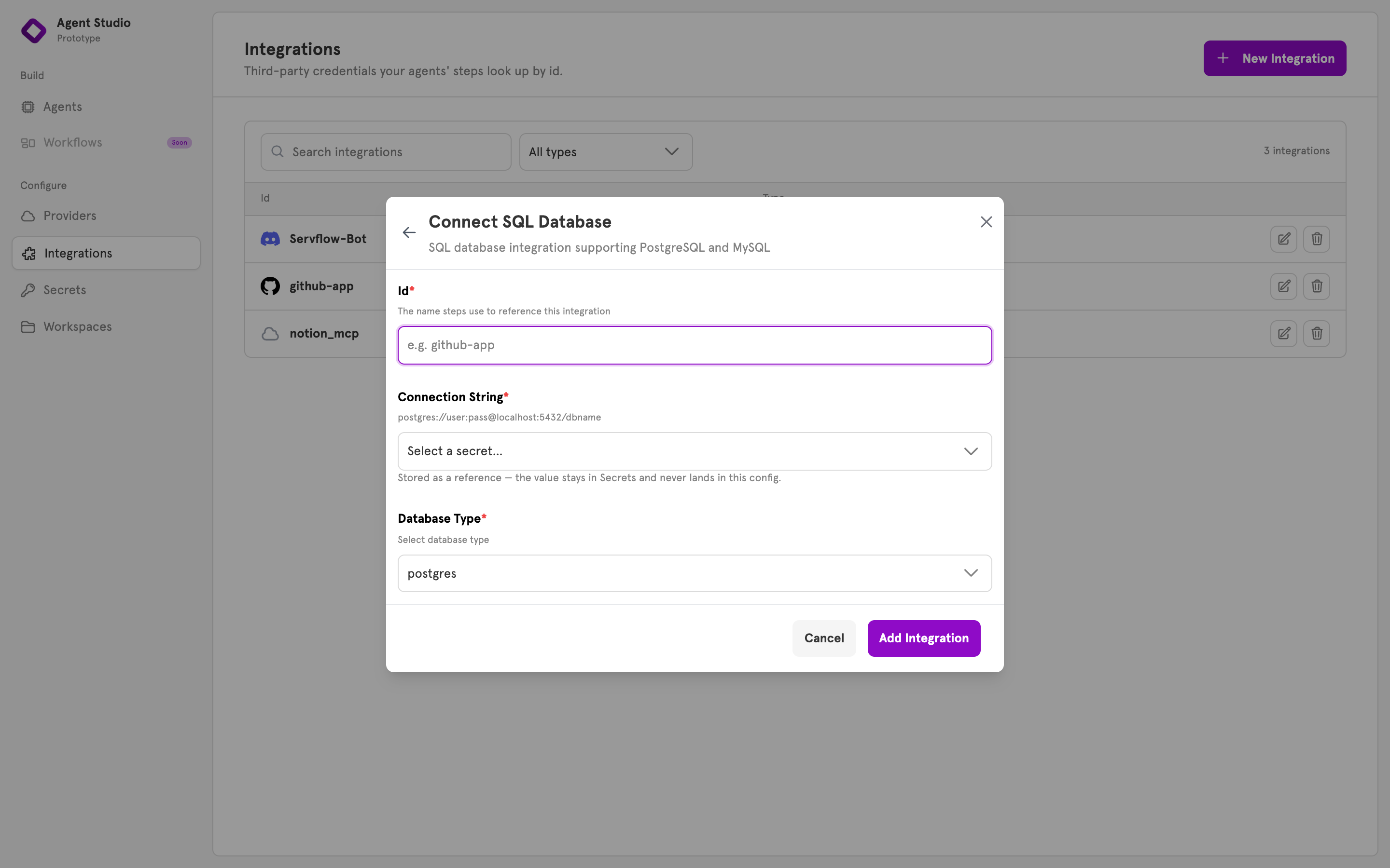 The New Integration form for SQL Database with the Id, Connection String, and Database Type fields