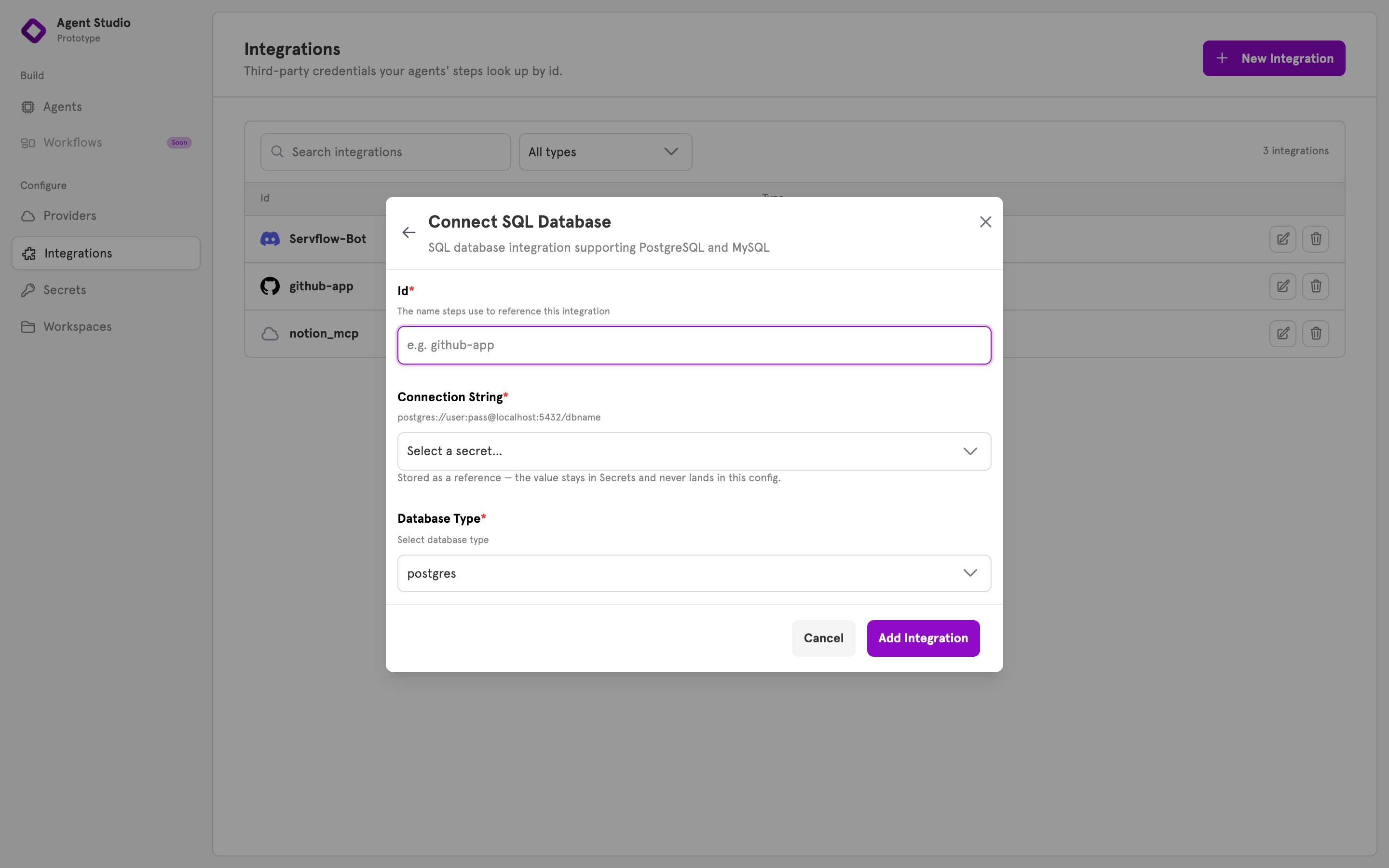 The New Integration form for SQL Database with the Id, Connection String, and Database Type fields
