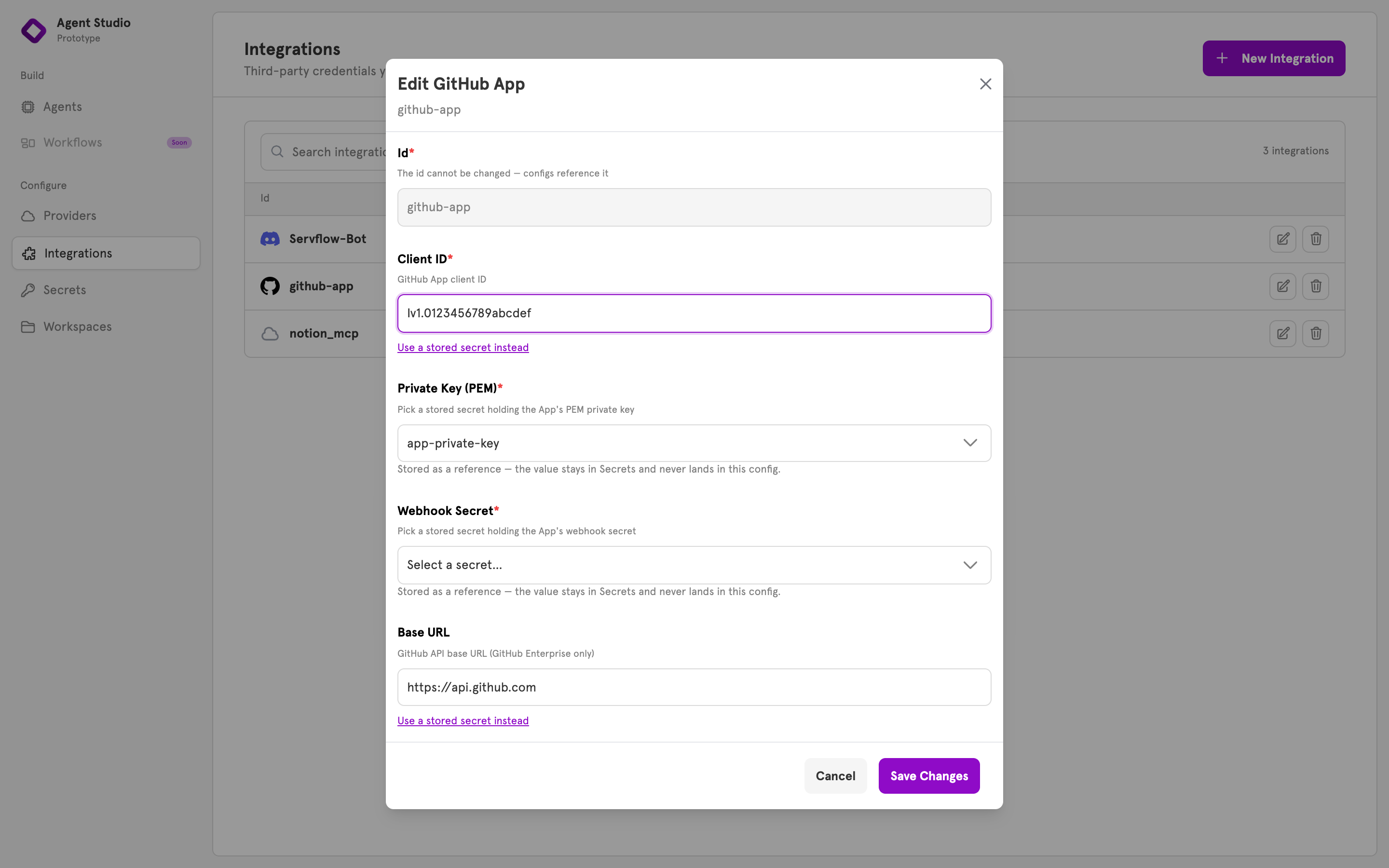 The edit dialog for an existing integration with the Id field locked