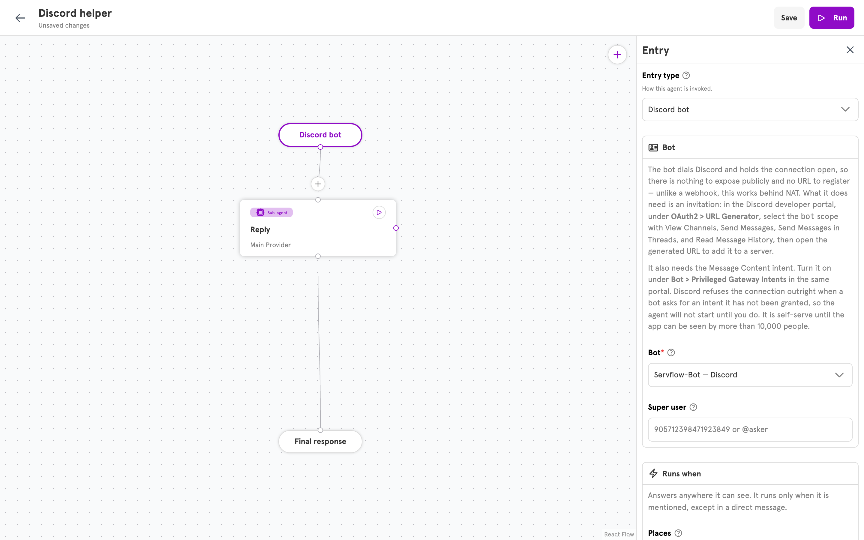 An agent's entry panel with a stored integration chosen under Bot