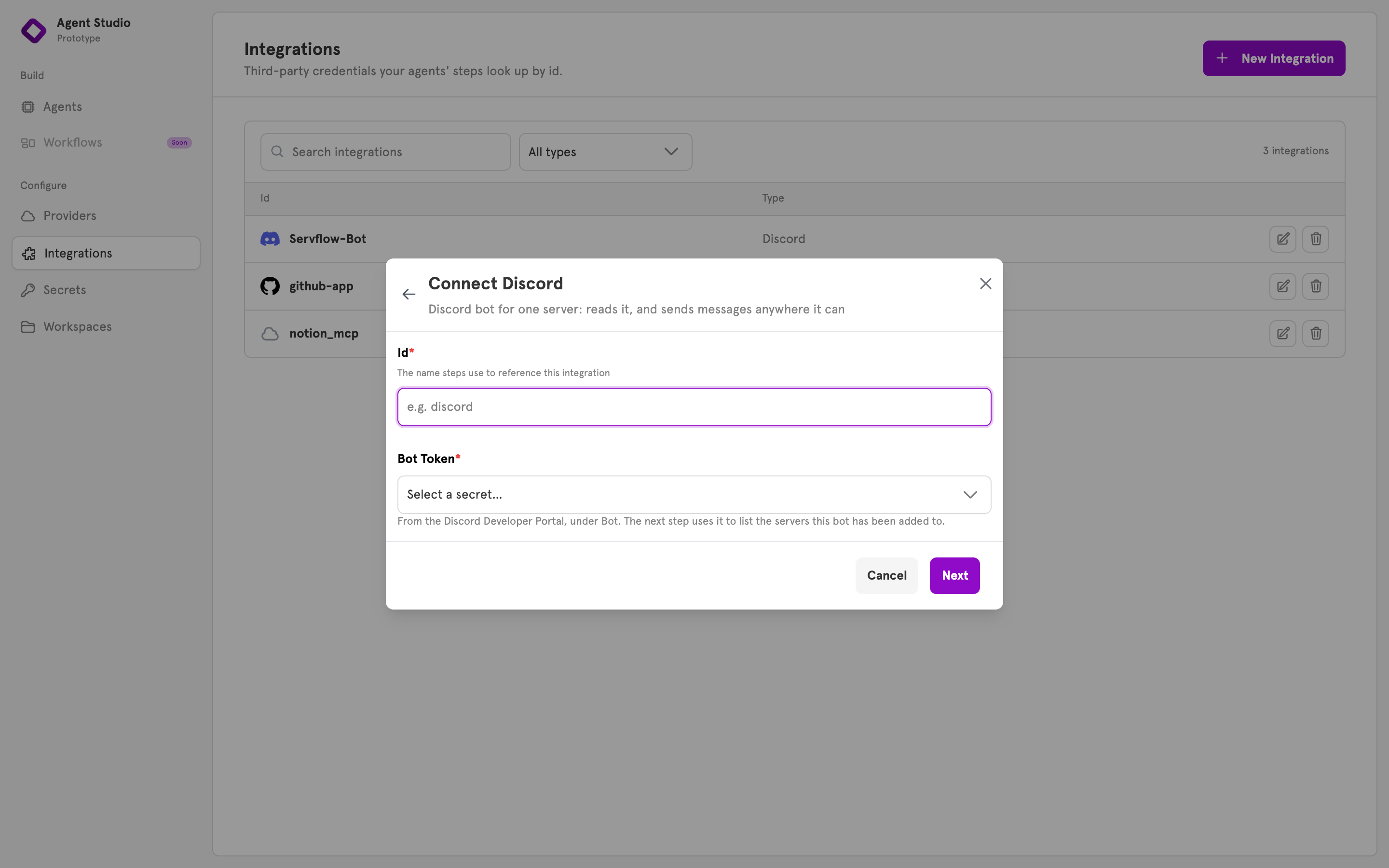 The Connect Discord dialog with the Id field and the Bot Token secret picker