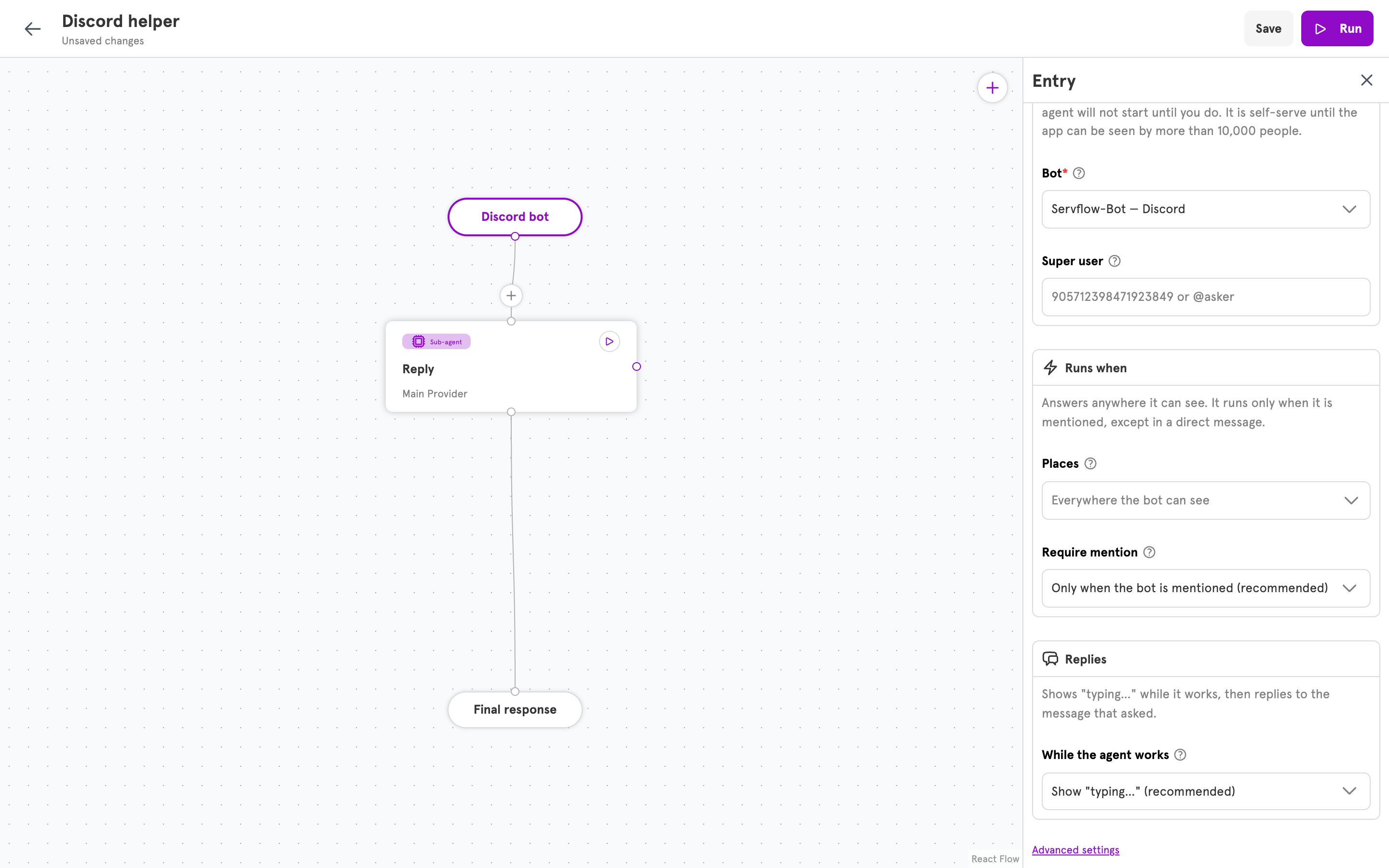 The Runs when and Replies sections of the Discord entry