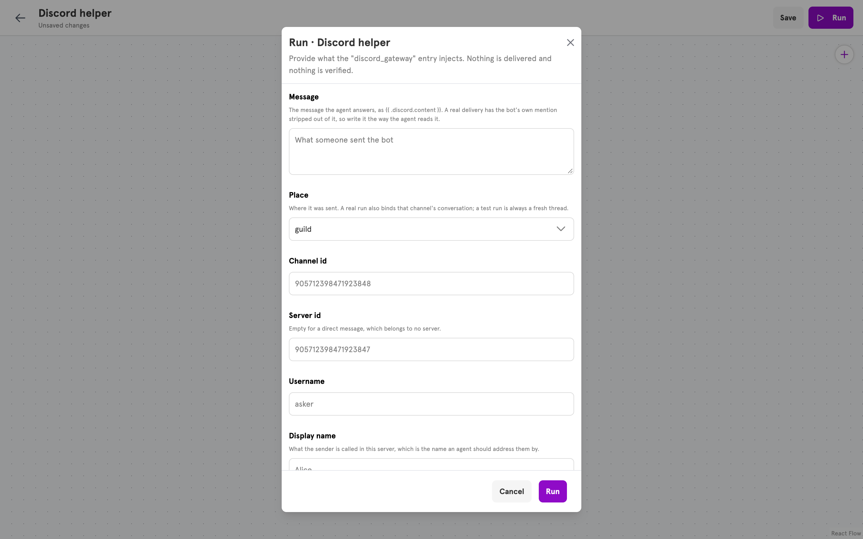 The Run dialog for a Discord entry, asking for the message, place, and sender