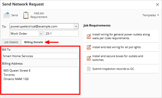 Billing Details tab on Network Request