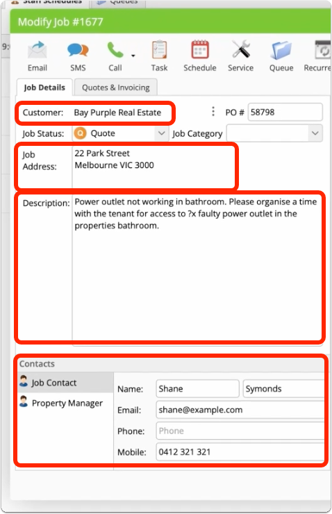 Job card auto-populated from email