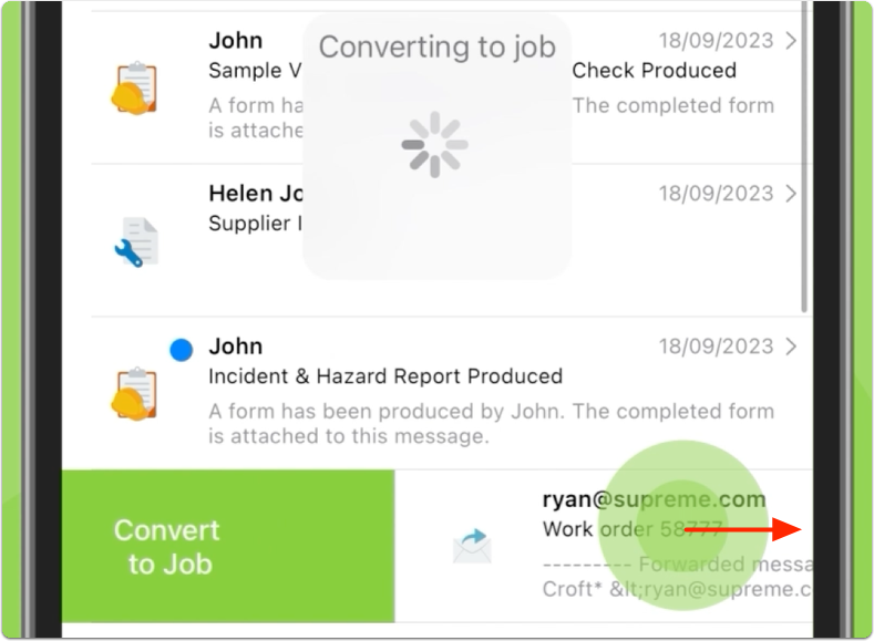 Swipe right to convert message to job