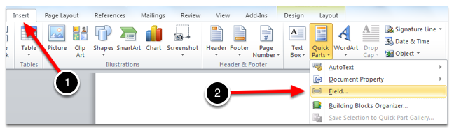 Click the Insert tab then the Quick Parts drop down and select Field...