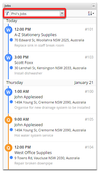 The jobs list now displays all jobs allocated to Phil
