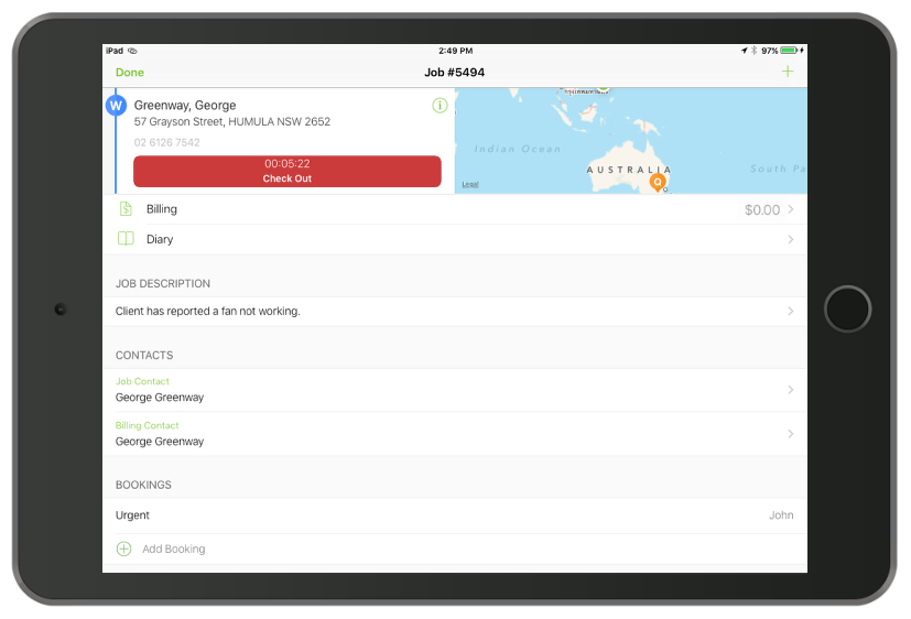 He opens ServiceM8 and re-reads the job and the clients name.