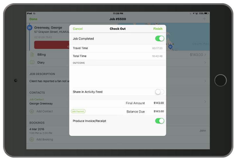 He then checks out of the job, the client is to paying by card with a mobile eftpos machine
