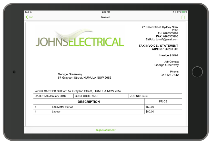 ServiceM8 brings up a preview of the invoice with the option to sign