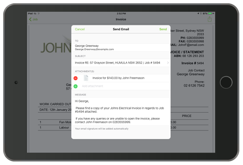 Finally he hits send to issue the client with a receipt